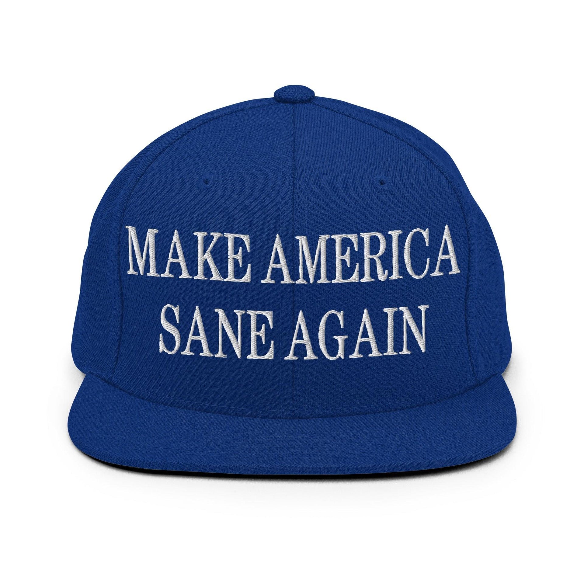 Make Us Sane Again Embroidered Flat Bill Brim Snapback Hat Royal Blue Capital Crowns Make Again
