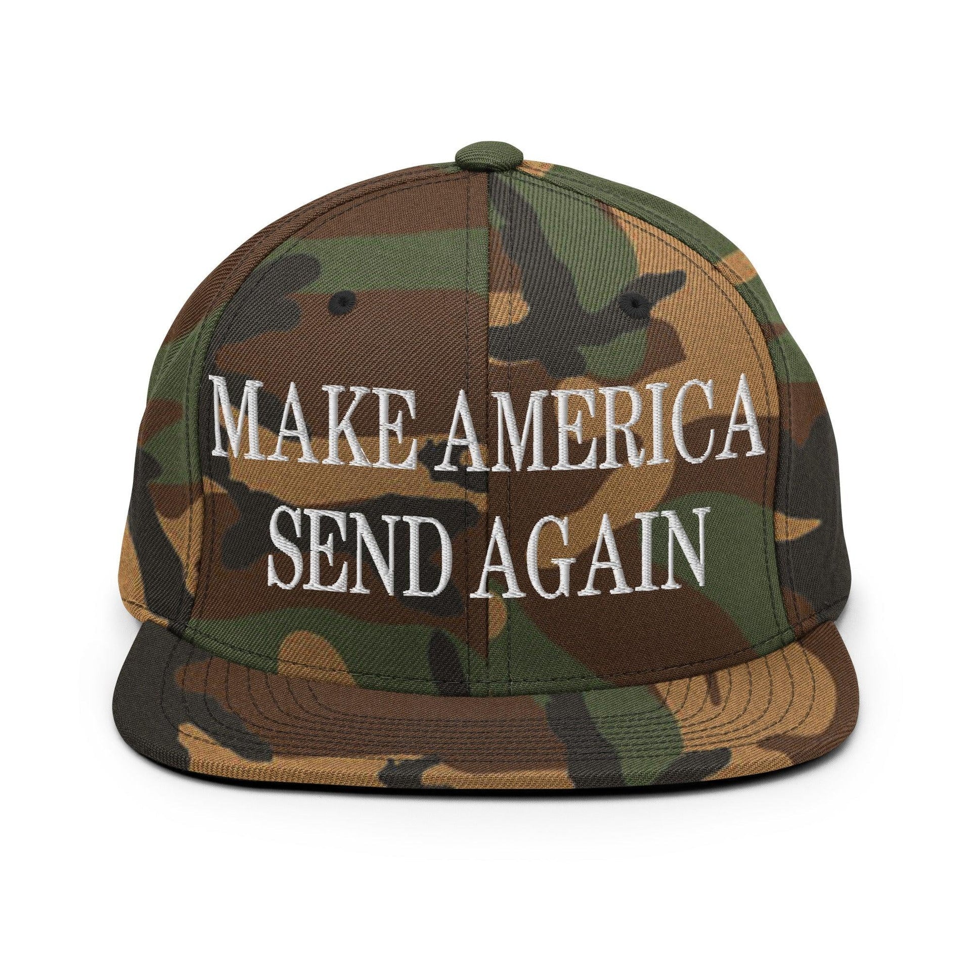 Make Us Send Again Embroidered Flat Bill Brim Snapback Hat Green Camo Capital Crowns Make Again