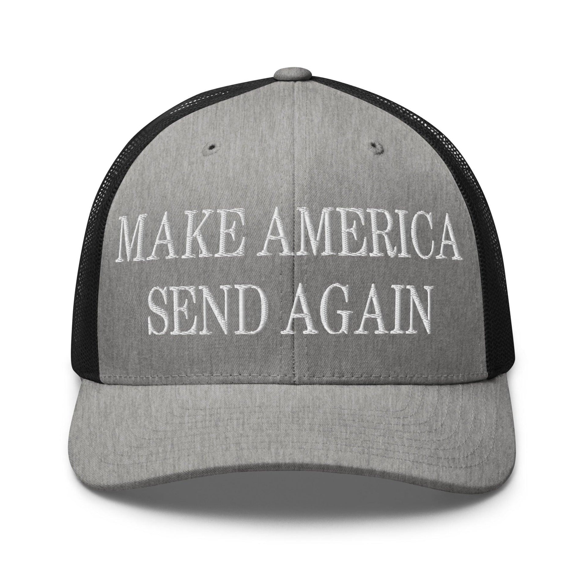 Make Us Send Again Embroidered Mesh Trucker Hat Heather Black Capital Crowns Make Again Trucker Hats