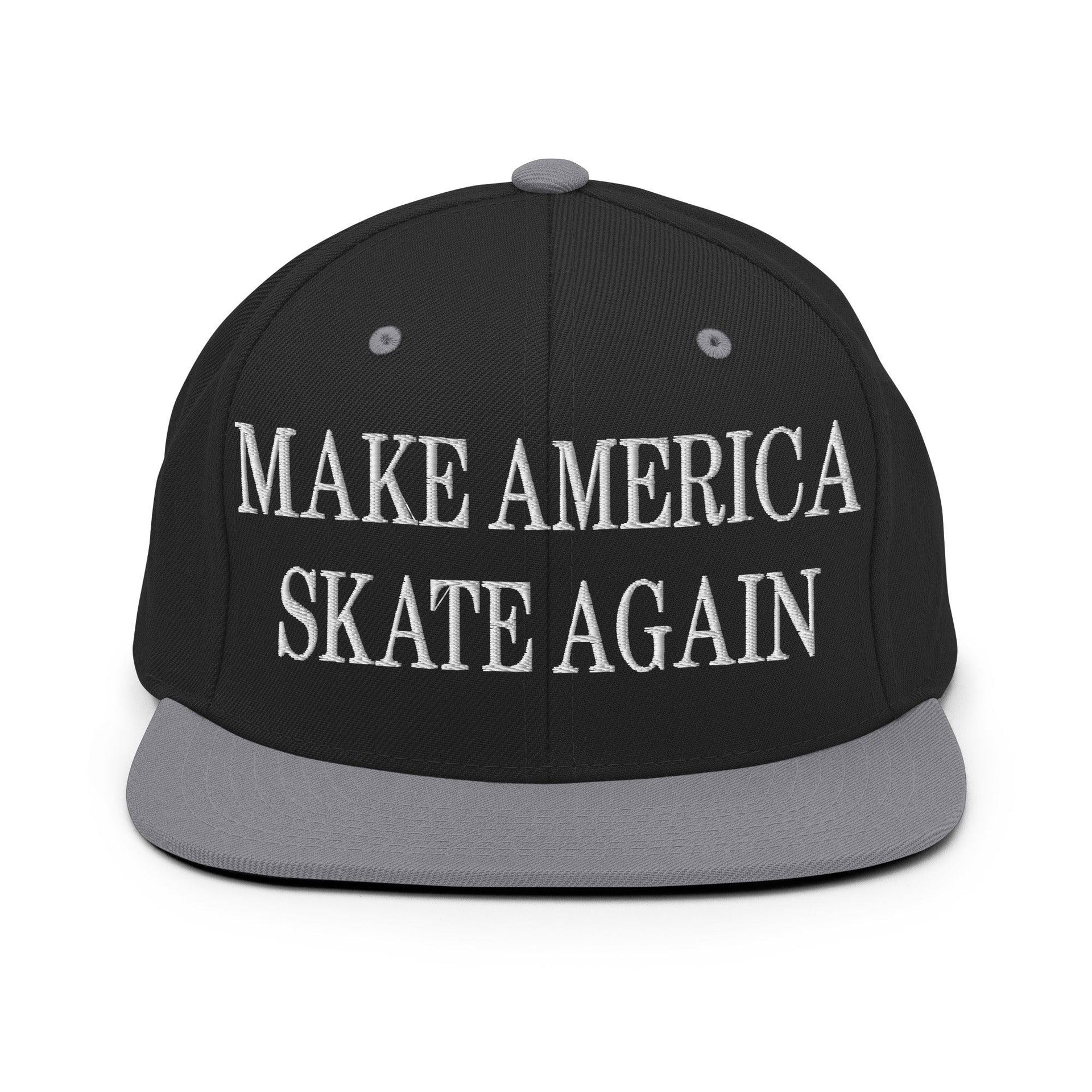 Make Us Skate Again Embroidered Flat Bill Brim Snapback Hat Black Silver Capital Crowns Make Again