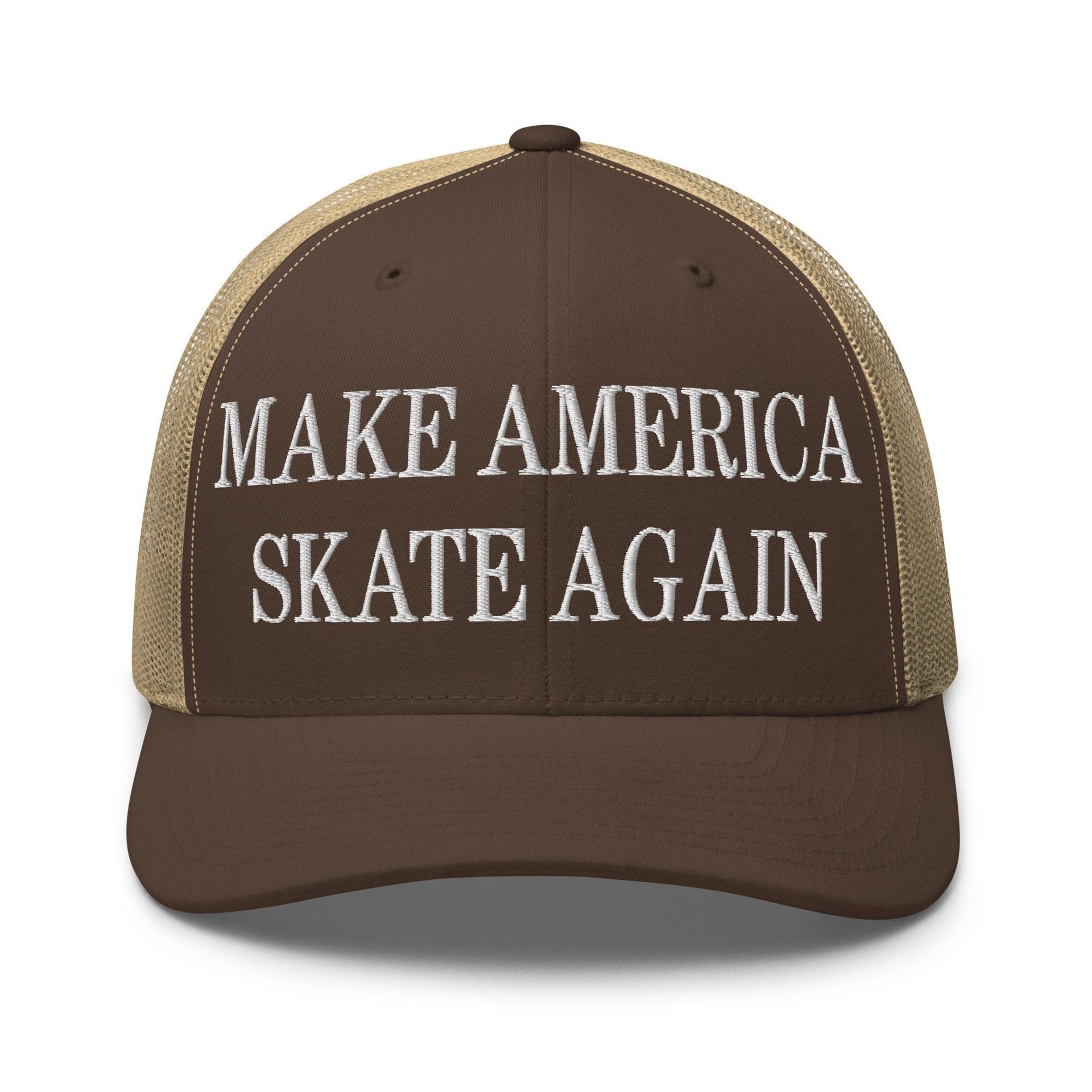 Make Us Skate Again Embroidered Mesh Trucker Hat Brown Khaki Capital Crowns Make Again Trucker Hats