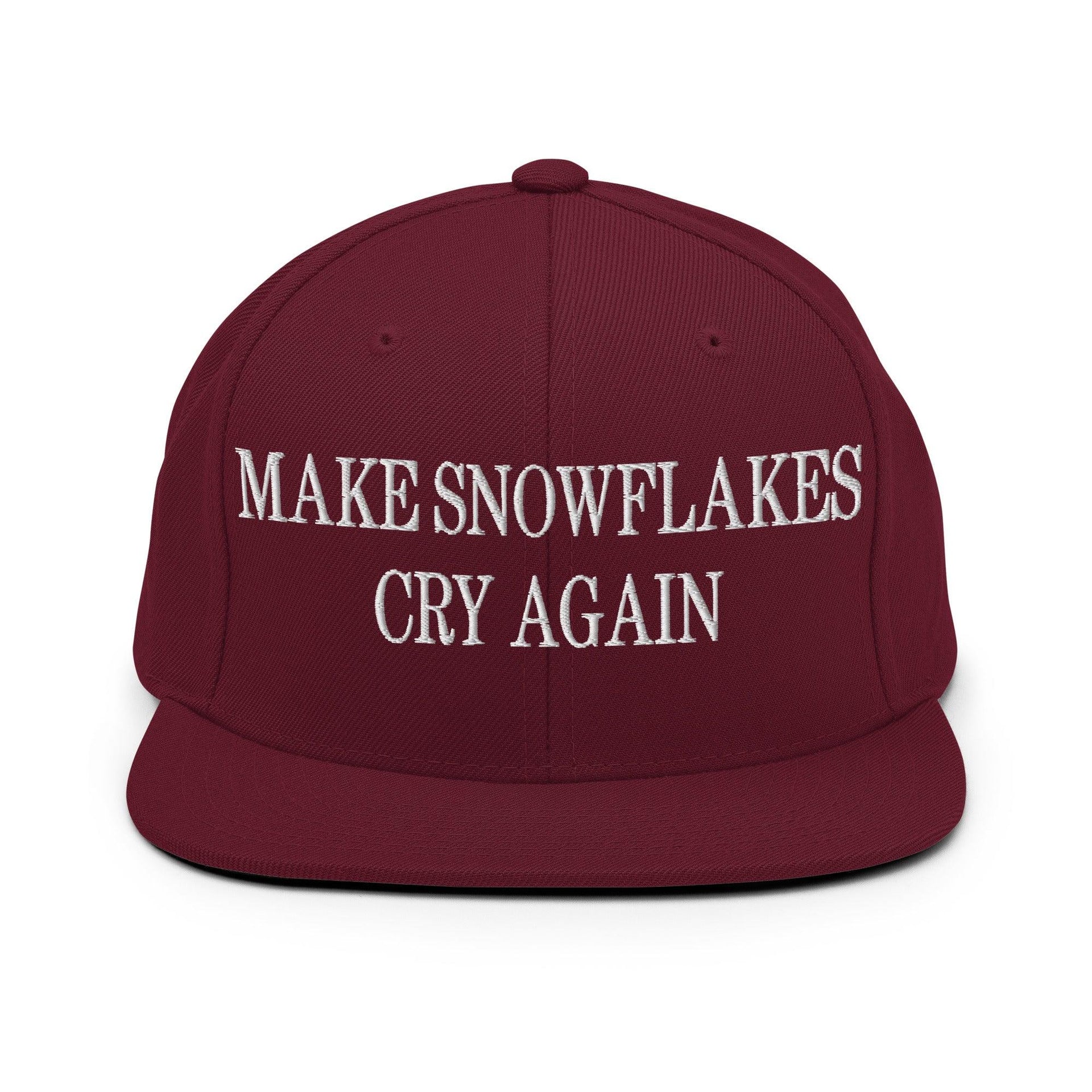 Make Snowflakes Cry Again Embroidered Flat Bill Brim Snapback Hat Maroon Capital Crowns Make Again