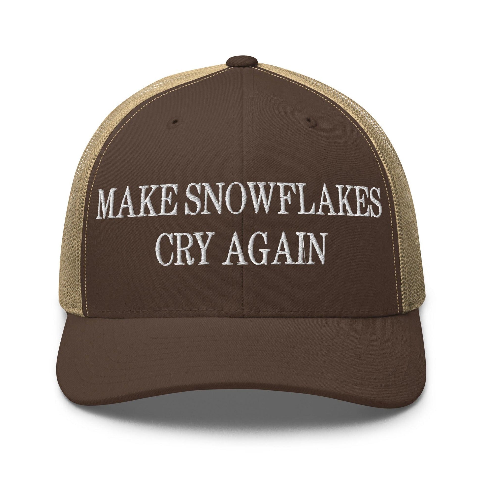 Make Snowflakes Cry Again Embroidered Mesh Trucker Hat Brown Khaki Capital Crowns Make Again Trucker Hats