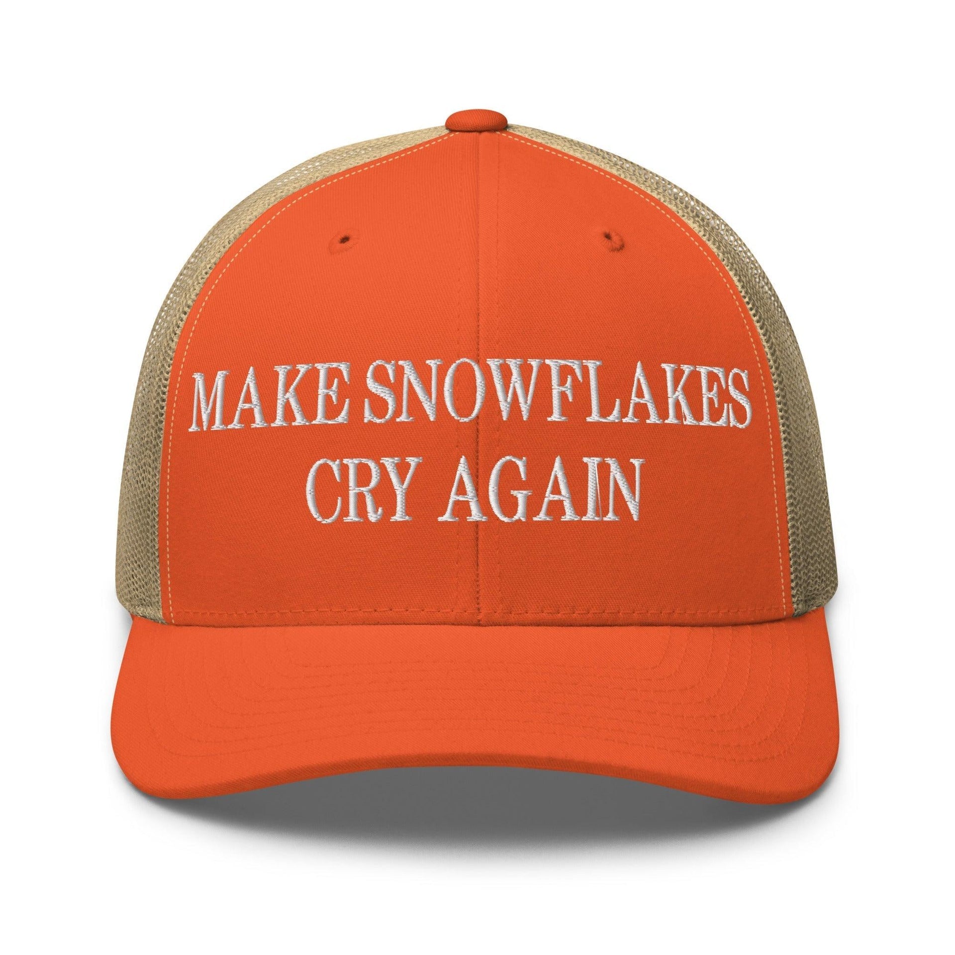 Make Snowflakes Cry Again Embroidered Mesh Trucker Hat Rustic Orange Khaki Capital Crowns Make Again Trucker Hats