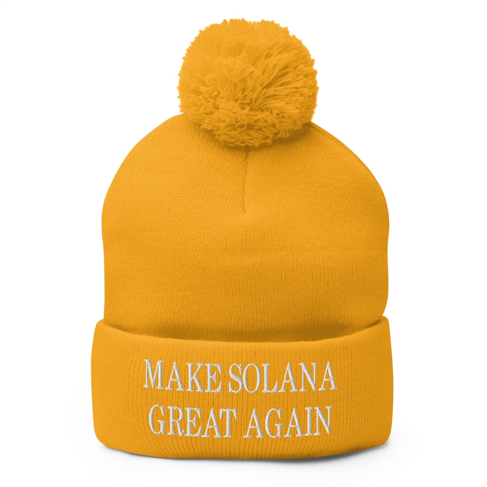 Make Solana Great Again Embroidered Pom Pom Knit Beanie Gold Beanies Capital Crowns Crypto Make Again
