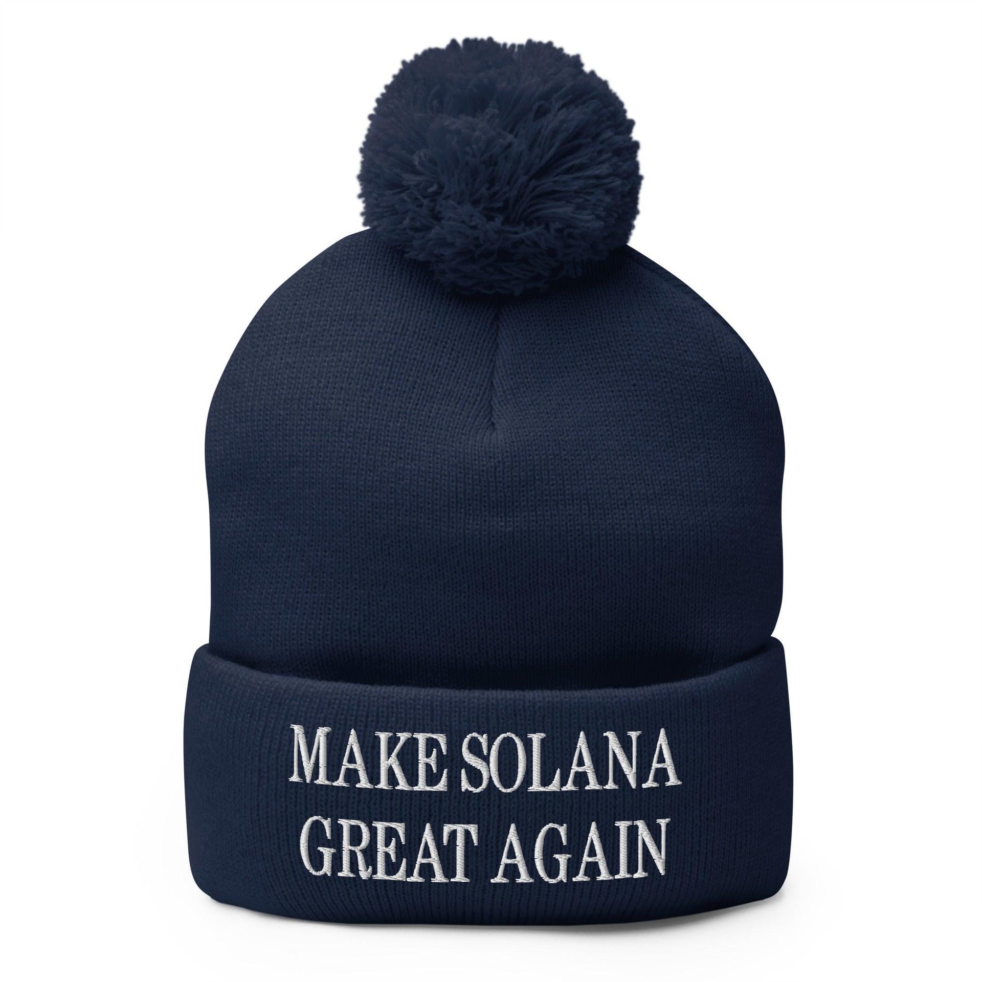 Make Solana Great Again Embroidered Pom Pom Knit Beanie Navy Beanies Capital Crowns Crypto Make Again