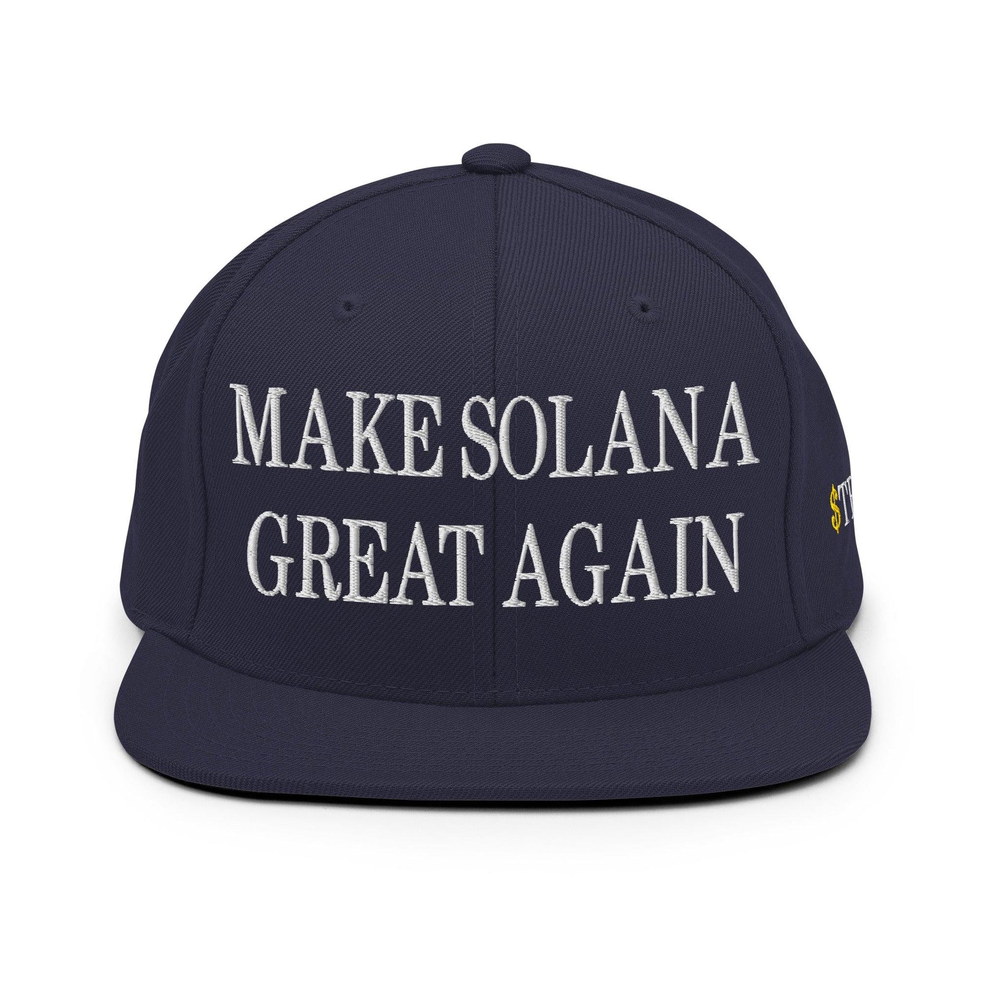 Make Solana Great Again $Trump Official Trump Meme Coin Embroidered Flat Brim Bill Snapback Hat Capital Crowns Crypto LADs Make Again Snapback Hats