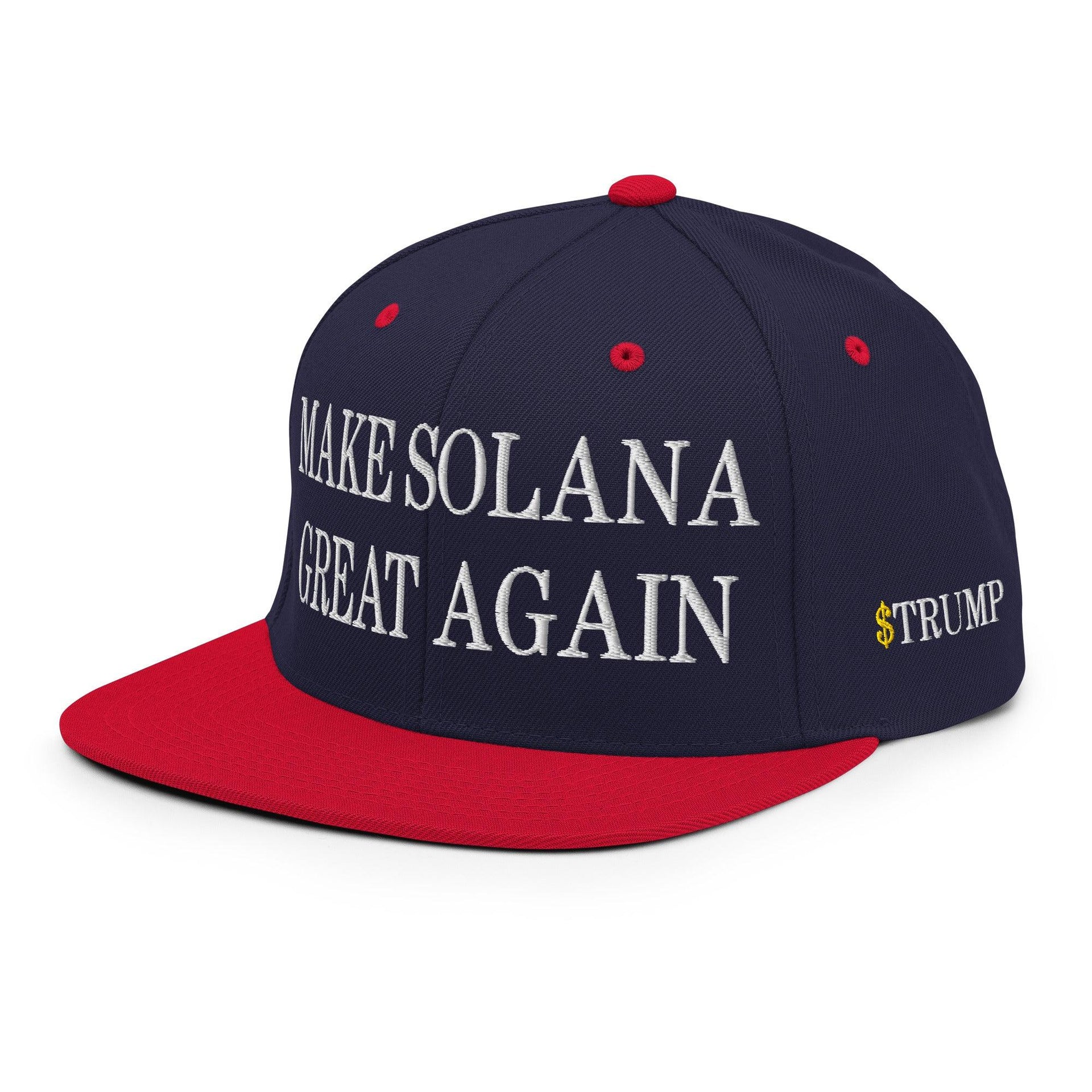 Make Solana Great Again $Trump Official Trump Meme Coin Embroidered Flat Brim Bill Snapback Hat Navy Red Capital Crowns Crypto LADs Make Again Snapback Hats