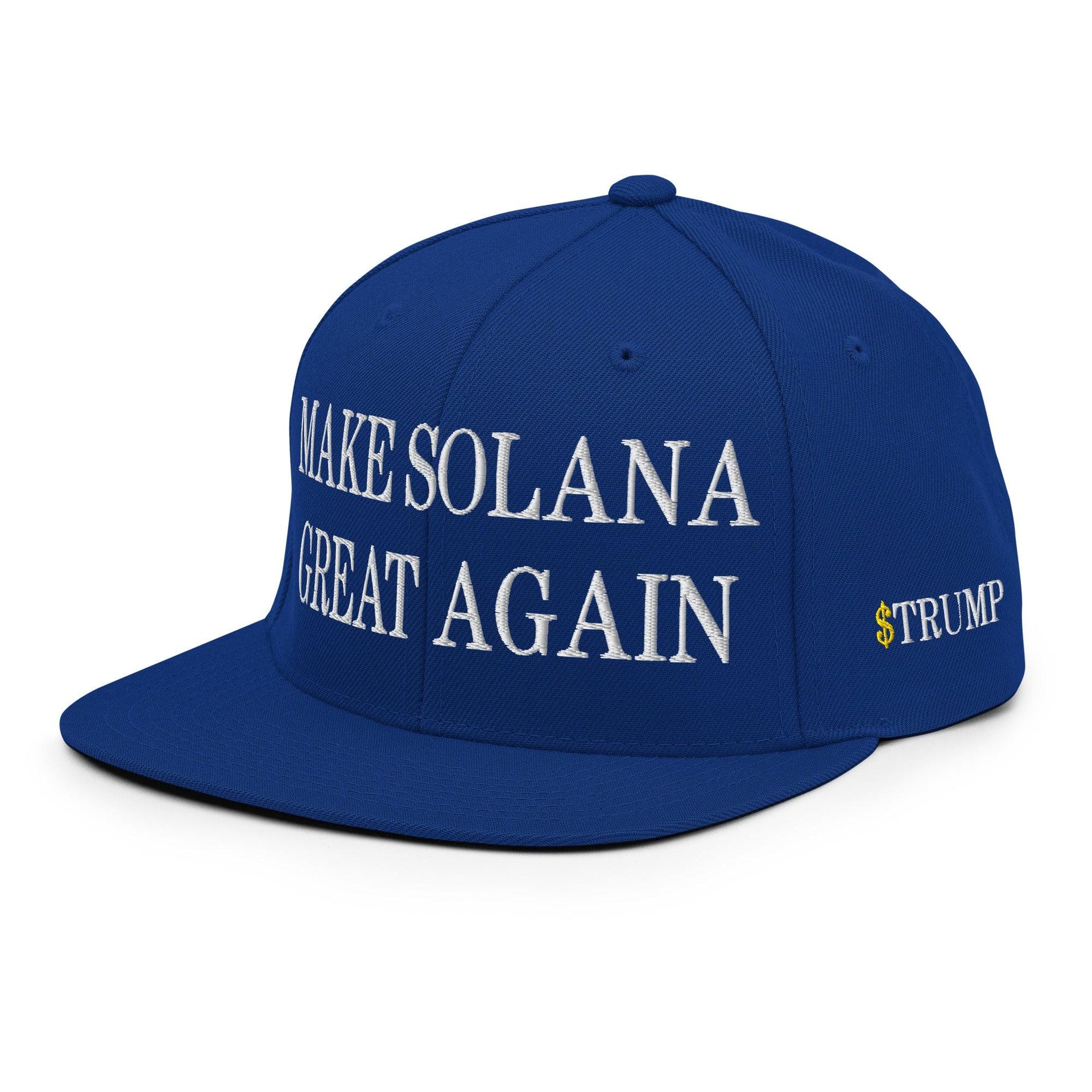 Make Solana Great Again $Trump Official Trump Meme Coin Embroidered Flat Brim Bill Snapback Hat Royal Blue Capital Crowns Crypto LADs Make Again Snapback Hats