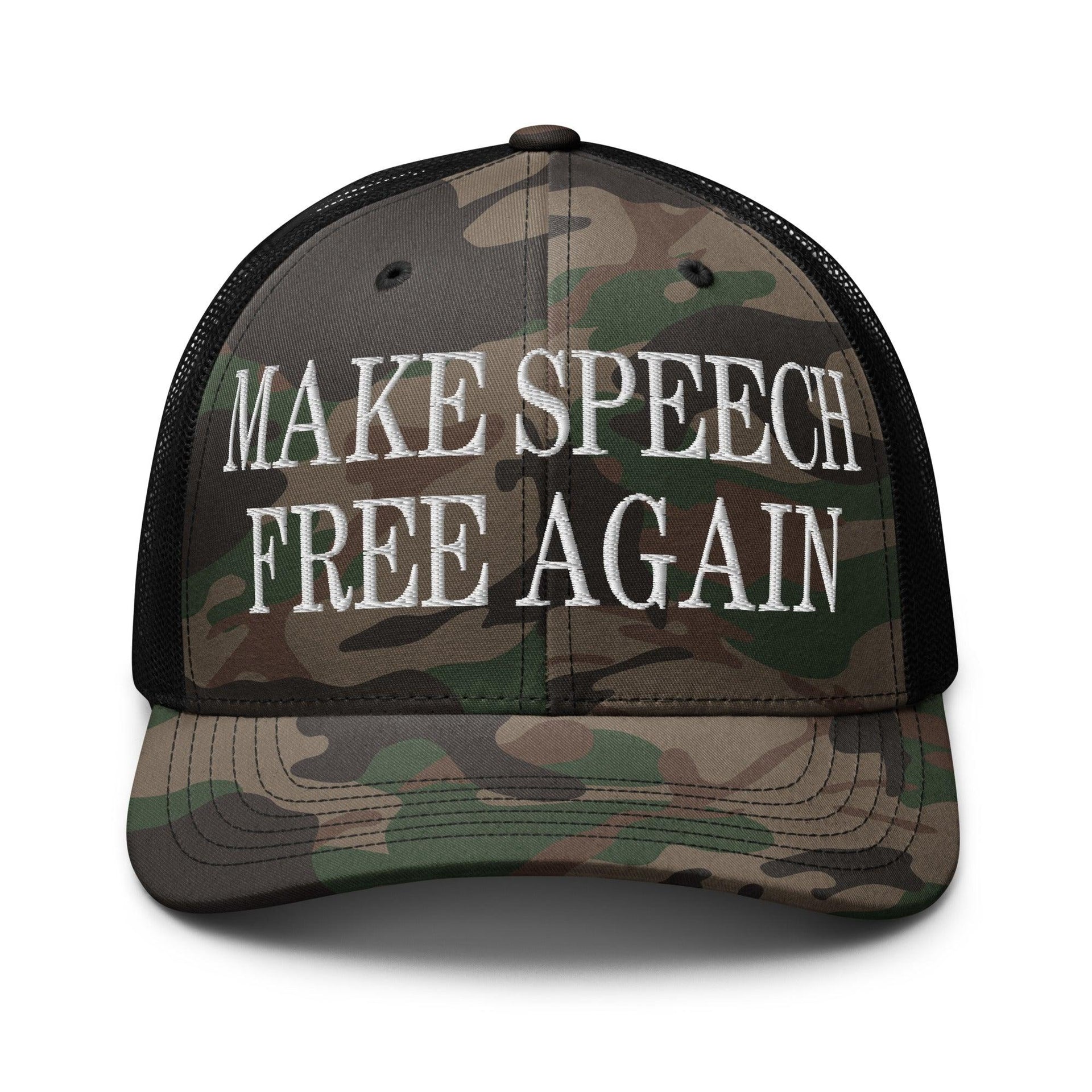Make Speech Free Again Camo Trucker Hat Camo Black Capital Crowns LADs Make Again Trucker Hats