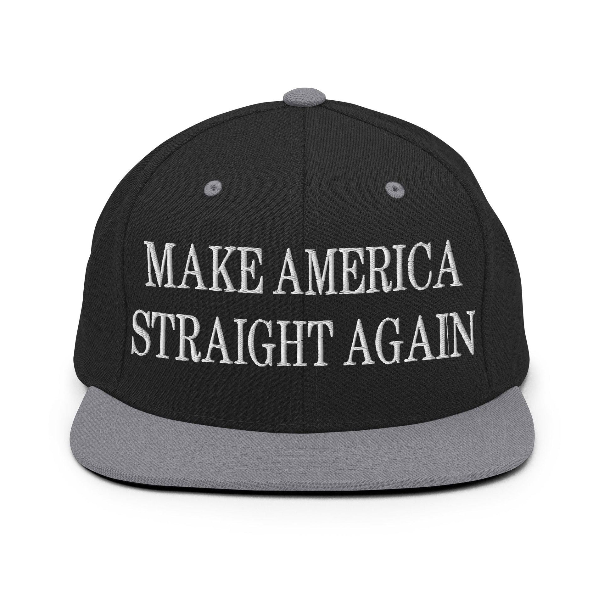 Make Us Straight Again Embroidered Flat Bill Brim Snapback Hat Black Silver Capital Crowns Make Again