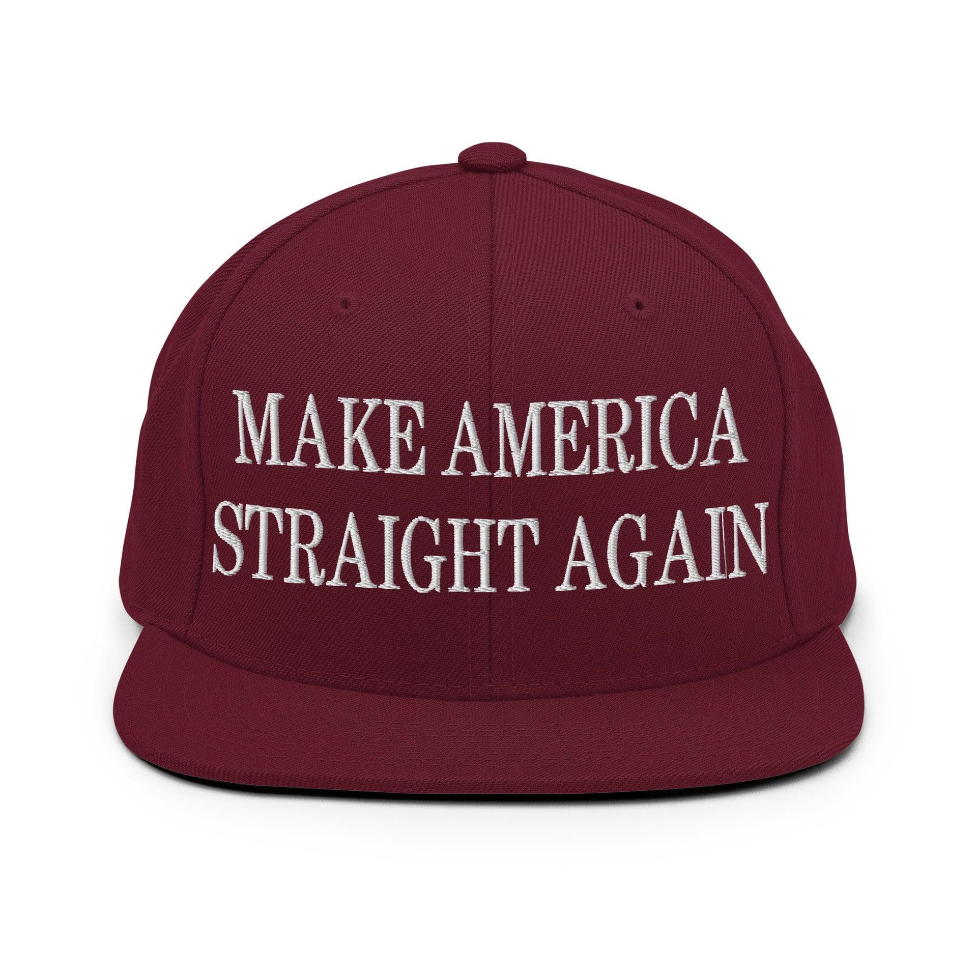 Make Us Straight Again Embroidered Flat Bill Brim Snapback Hat Maroon Capital Crowns Make Again