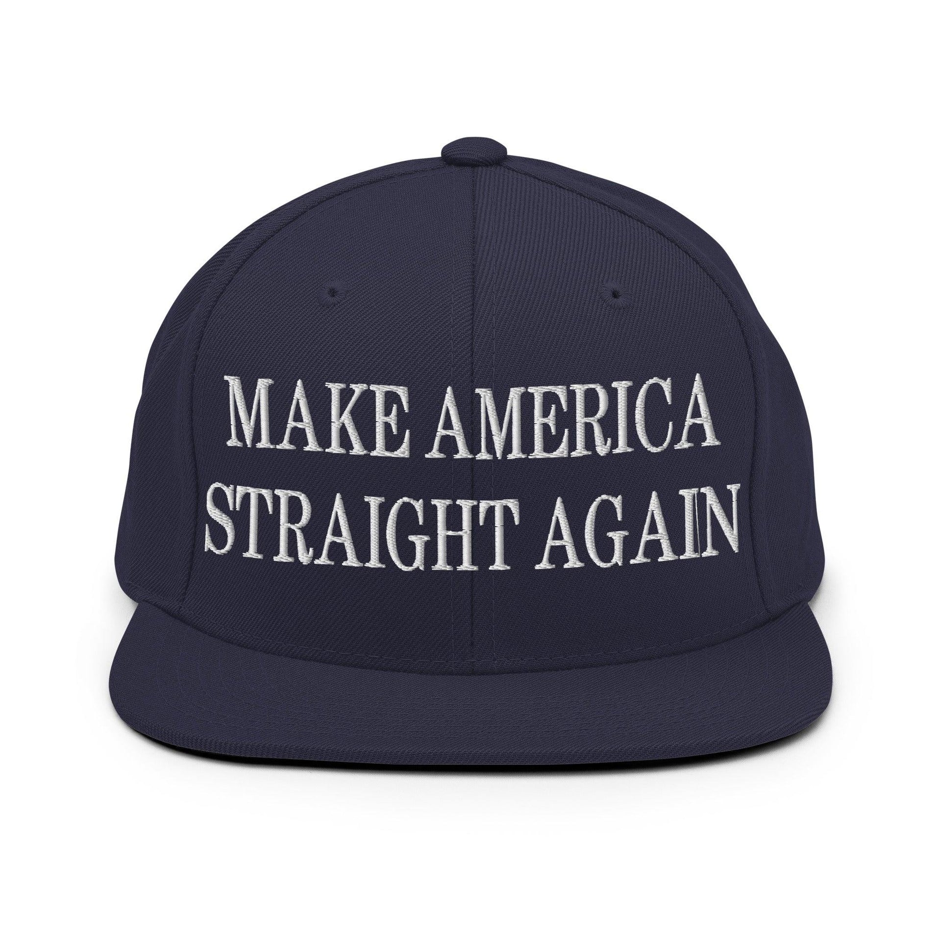 Make Us Straight Again Embroidered Flat Bill Brim Snapback Hat Navy Capital Crowns Make Again