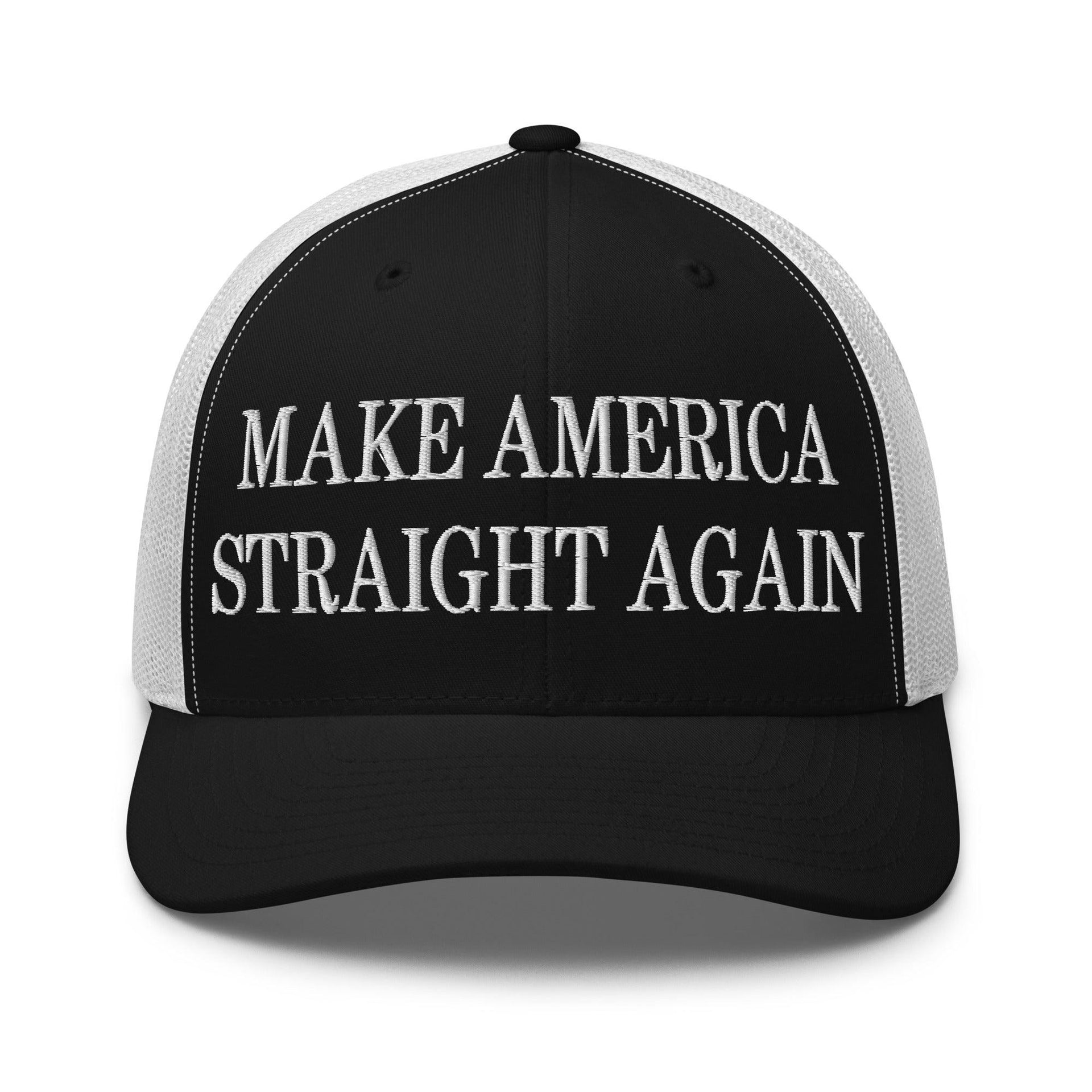 Make Us Straight Again Embroidered Mesh Trucker Hat Black White Capital Crowns Make Again Trucker Hats