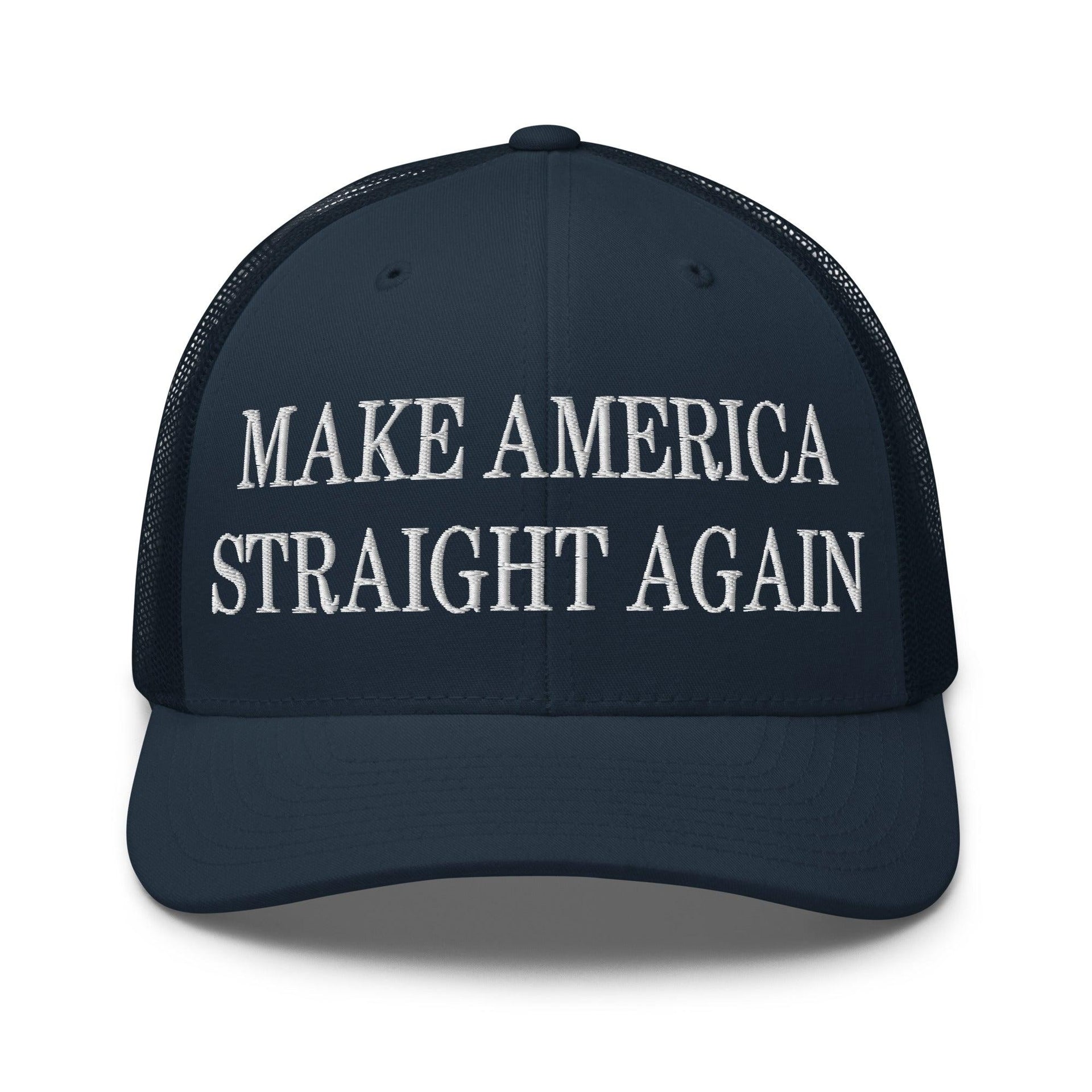 Make Us Straight Again Embroidered Mesh Trucker Hat Navy Capital Crowns Make Again Trucker Hats
