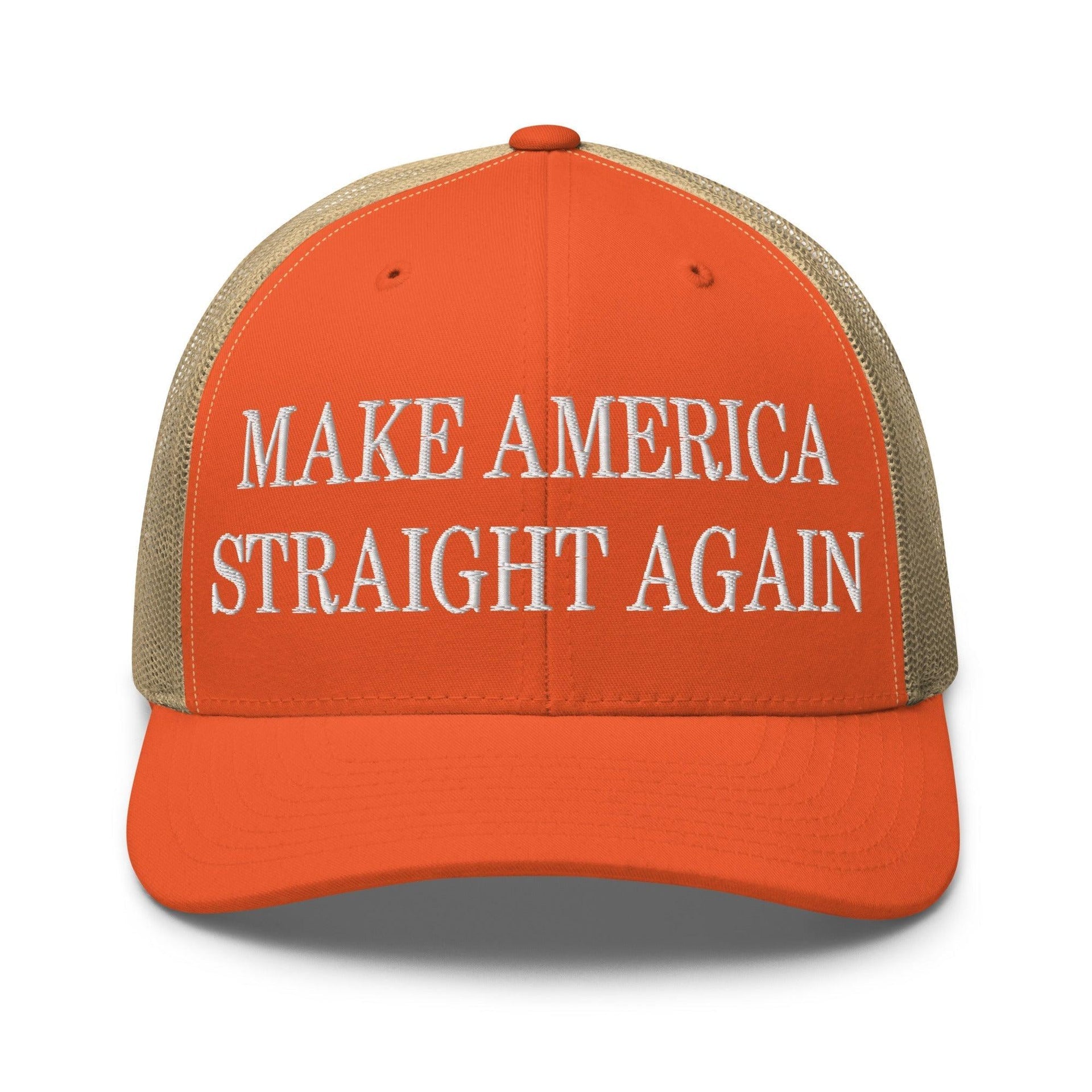 Make Us Straight Again Embroidered Mesh Trucker Hat Rustic Orange Khaki Capital Crowns Make Again Trucker Hats