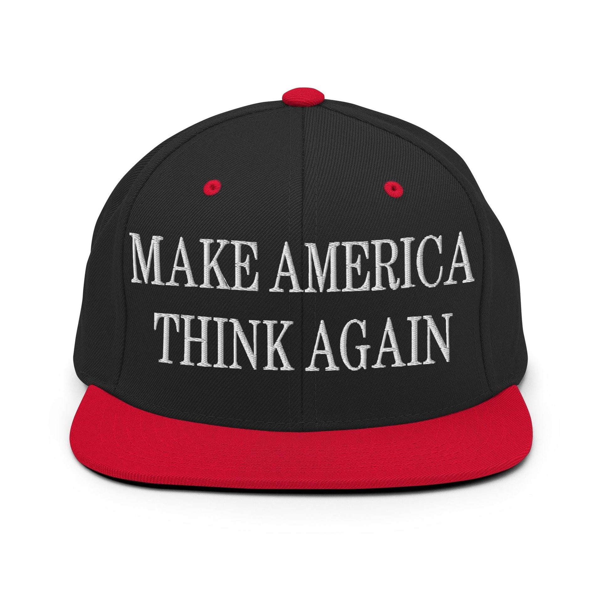 Make Us Think Again Embroidered Flat Bill Brim Snapback Hat Black Red Capital Crowns Make Again