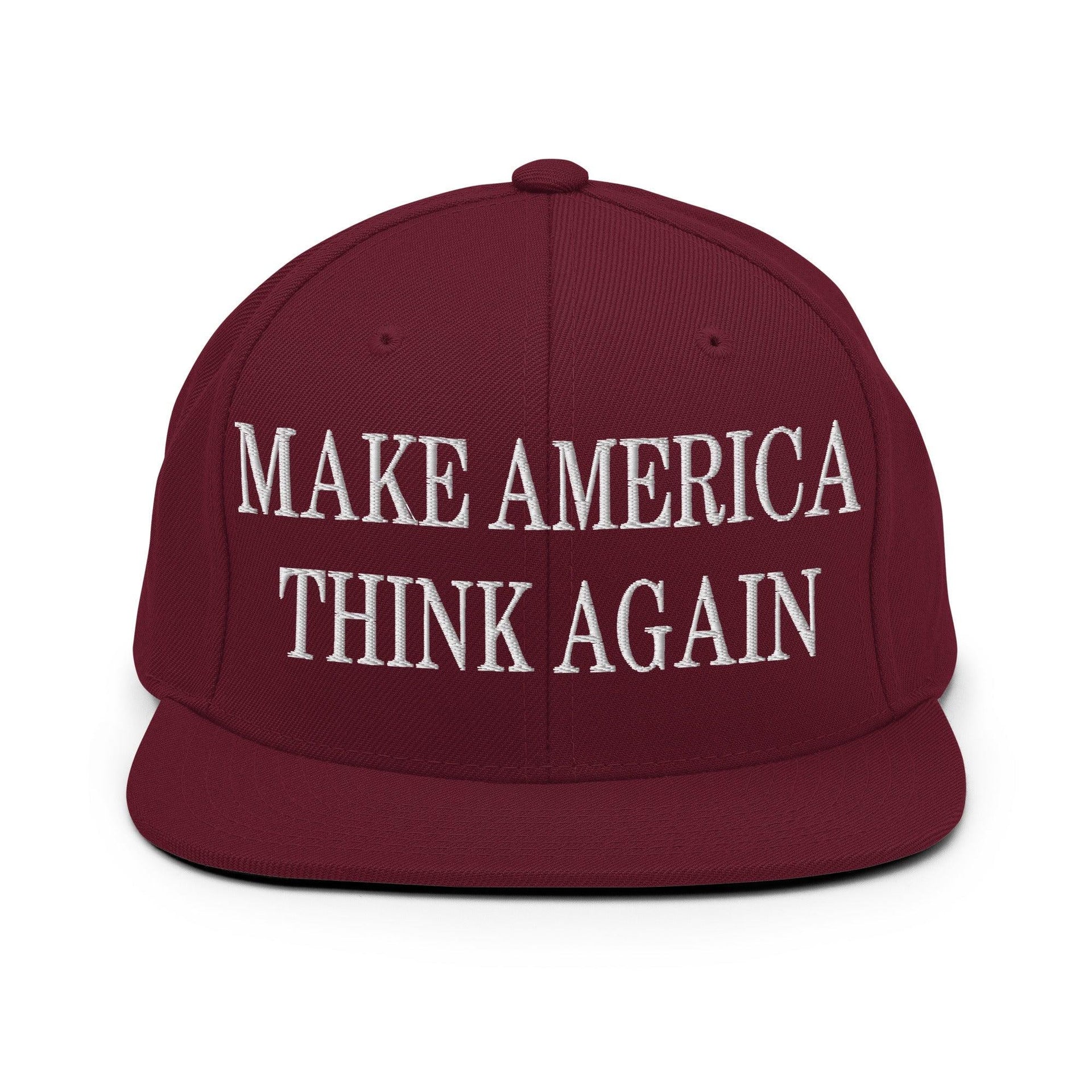 Make Us Think Again Embroidered Flat Bill Brim Snapback Hat Maroon Capital Crowns Make Again