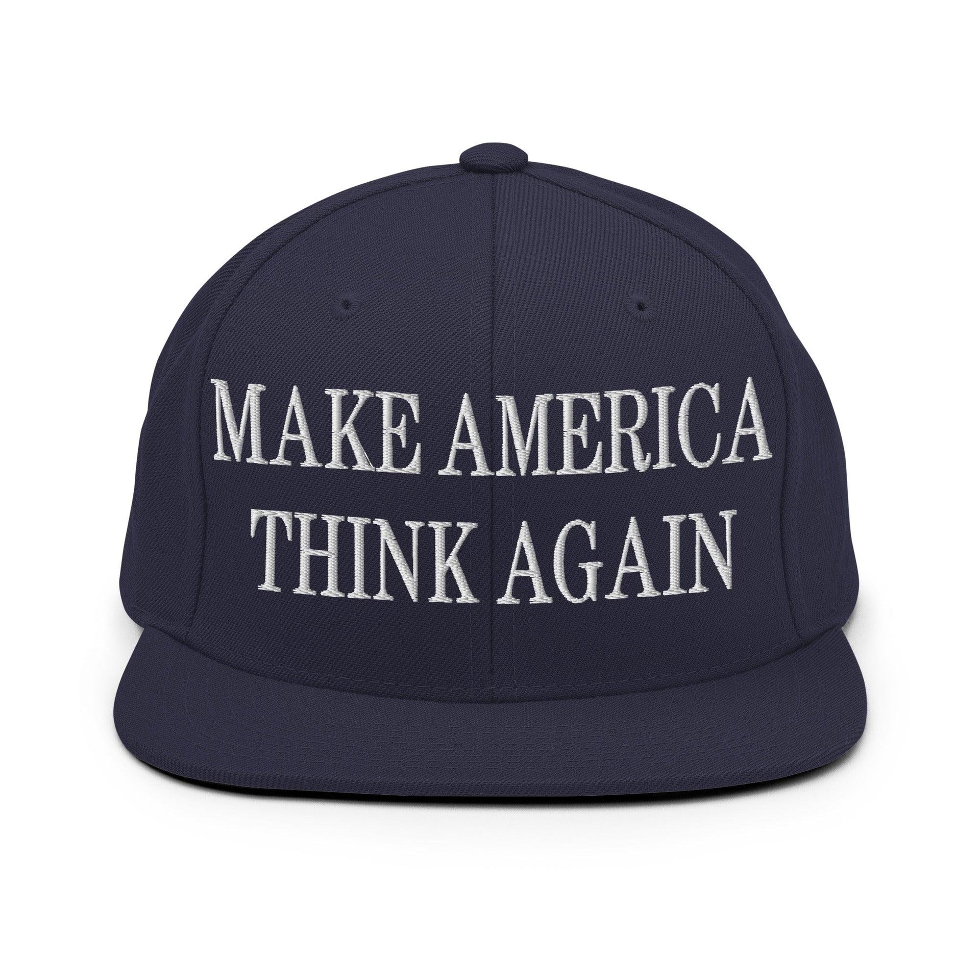 Make Us Think Again Embroidered Flat Bill Brim Snapback Hat Navy Capital Crowns Make Again