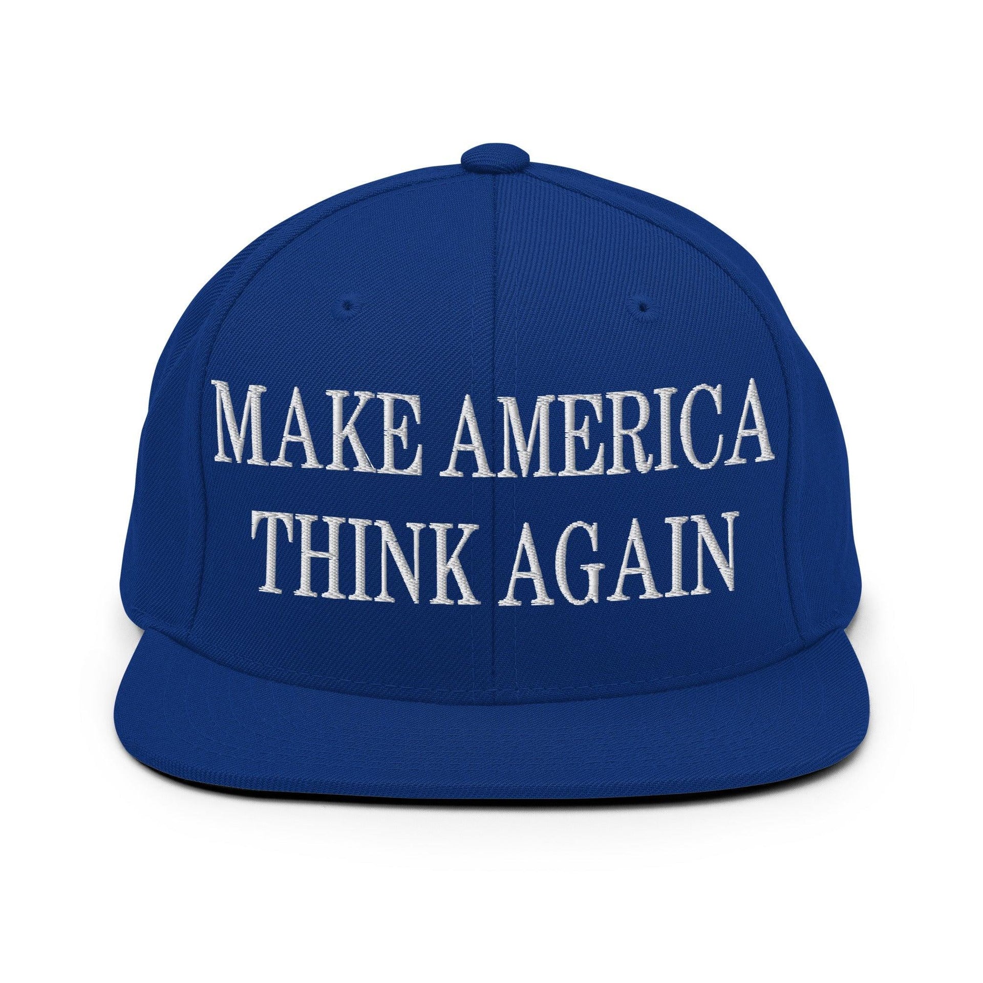 Make Us Think Again Embroidered Flat Bill Brim Snapback Hat Royal Blue Capital Crowns Make Again