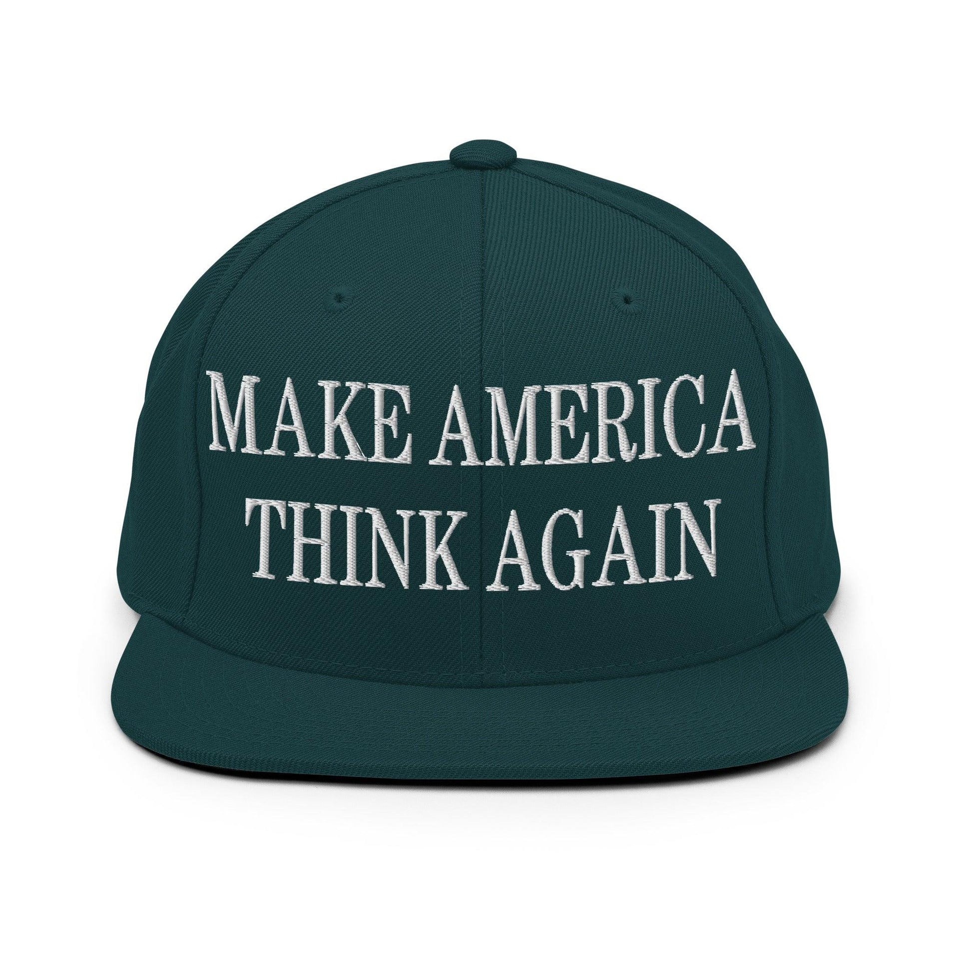 Make Us Think Again Embroidered Flat Bill Brim Snapback Hat Spruce Capital Crowns Make Again