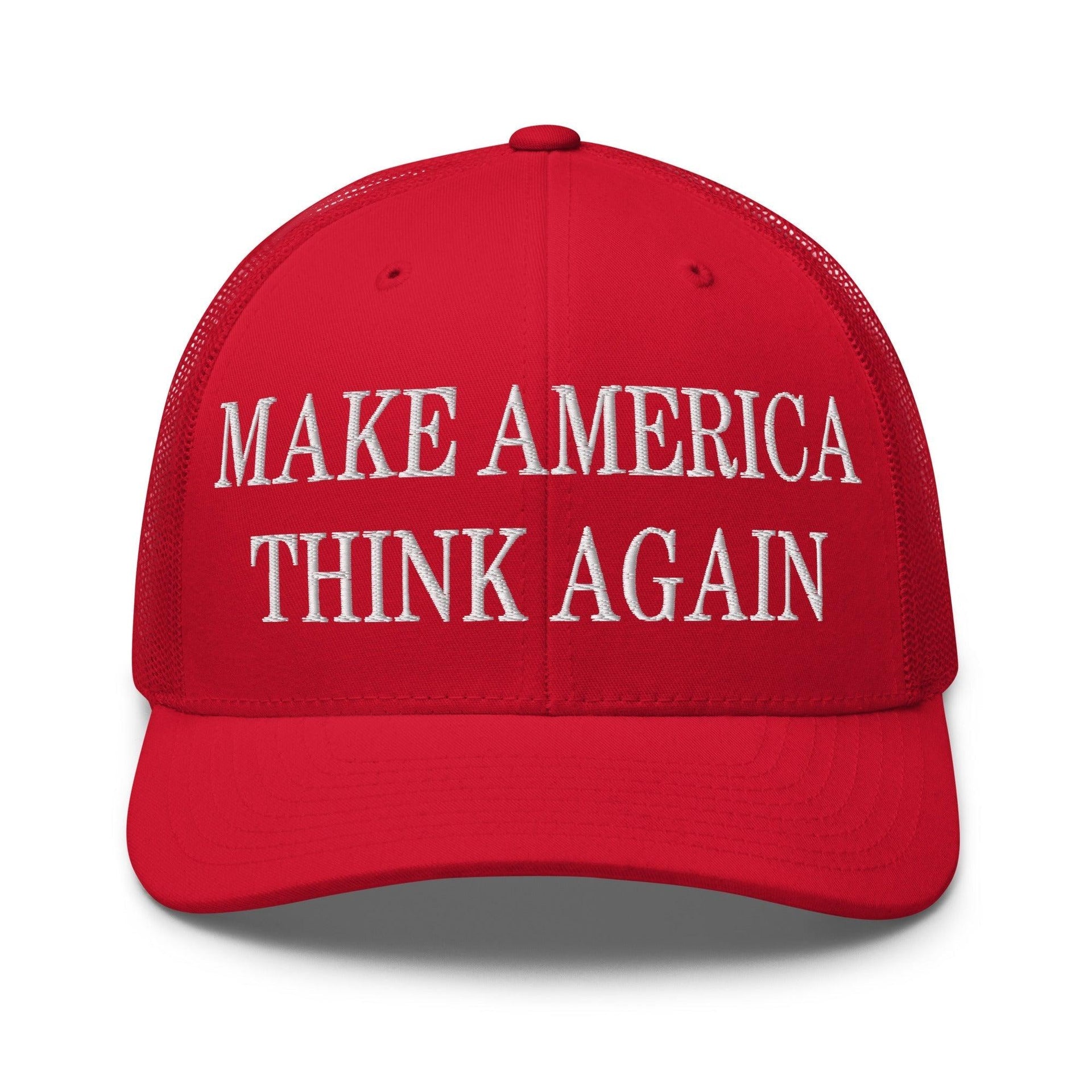 Make Us Think Again Embroidered Mesh Trucker Hat Red Capital Crowns Make Again Trucker Hats