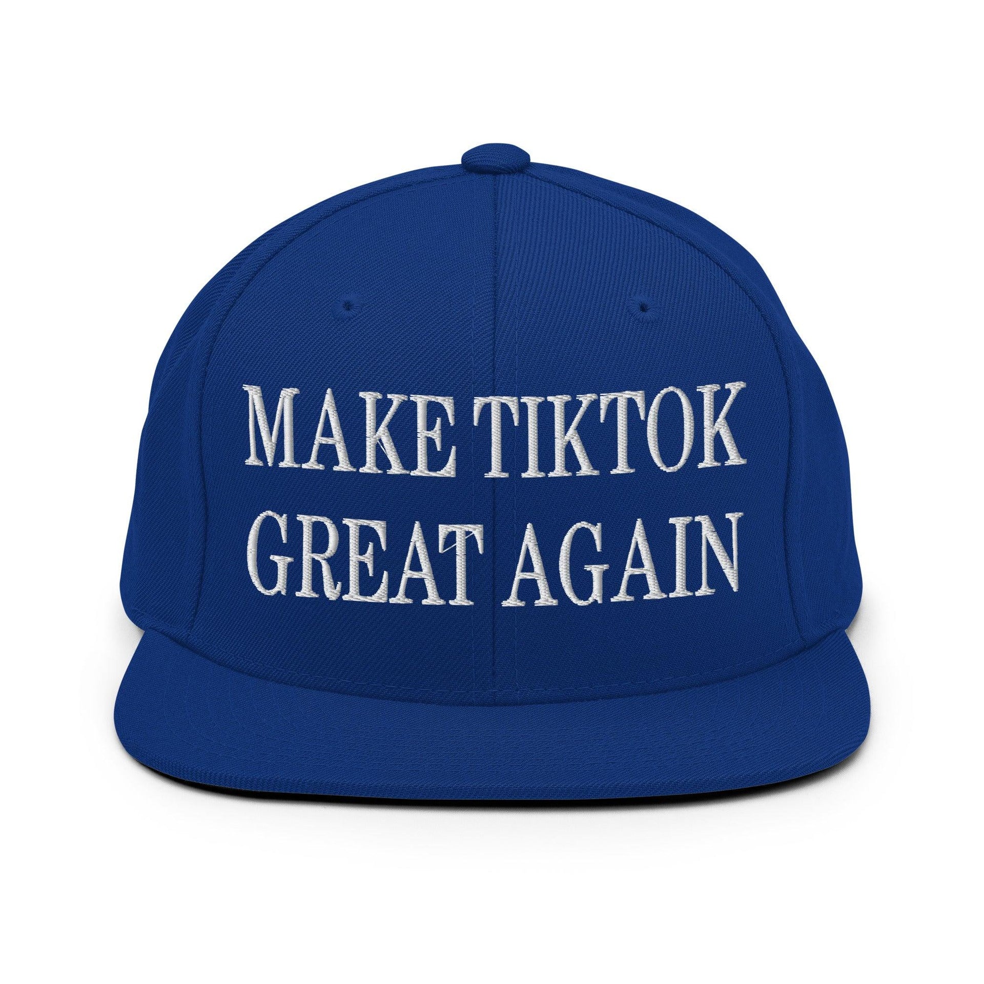 Make TikTok Great Again Embroidered Flat Bill Brim Snapback Hat Royal Blue Capital Crowns LADs Make Again Snapback Hats