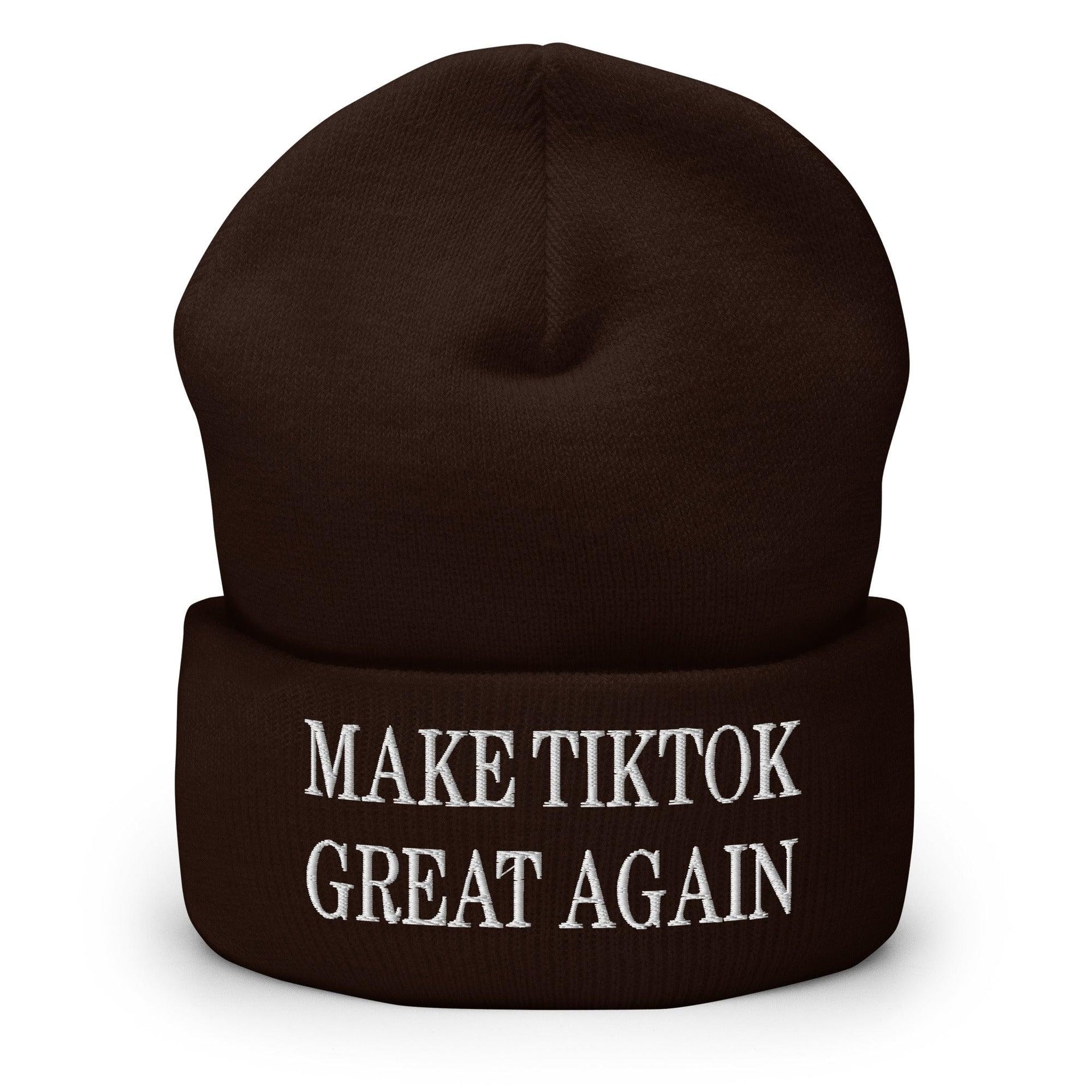 Make TikTok Great Again Embroidered Knit Cuffed Beanie Brown Beanies Capital Crowns LADs Make Again
