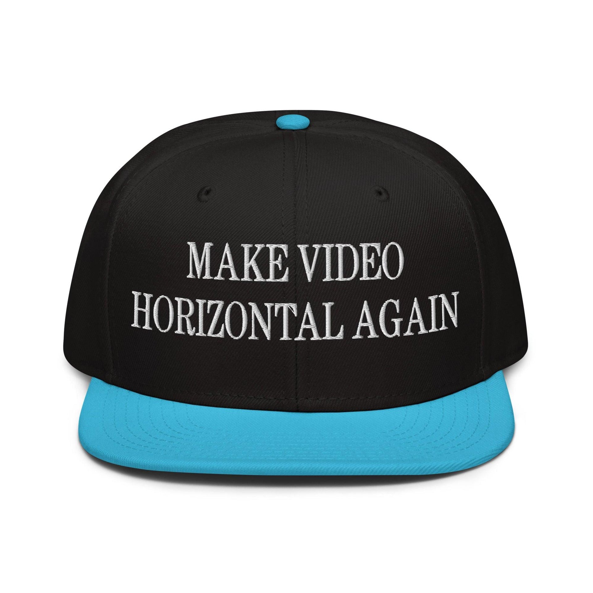 Make Video Horizontal Again Embroidered Flat Brim Bill Snapback Hat Aqua blue Black Black Capital Crowns LADs Make Again Snapback Hats