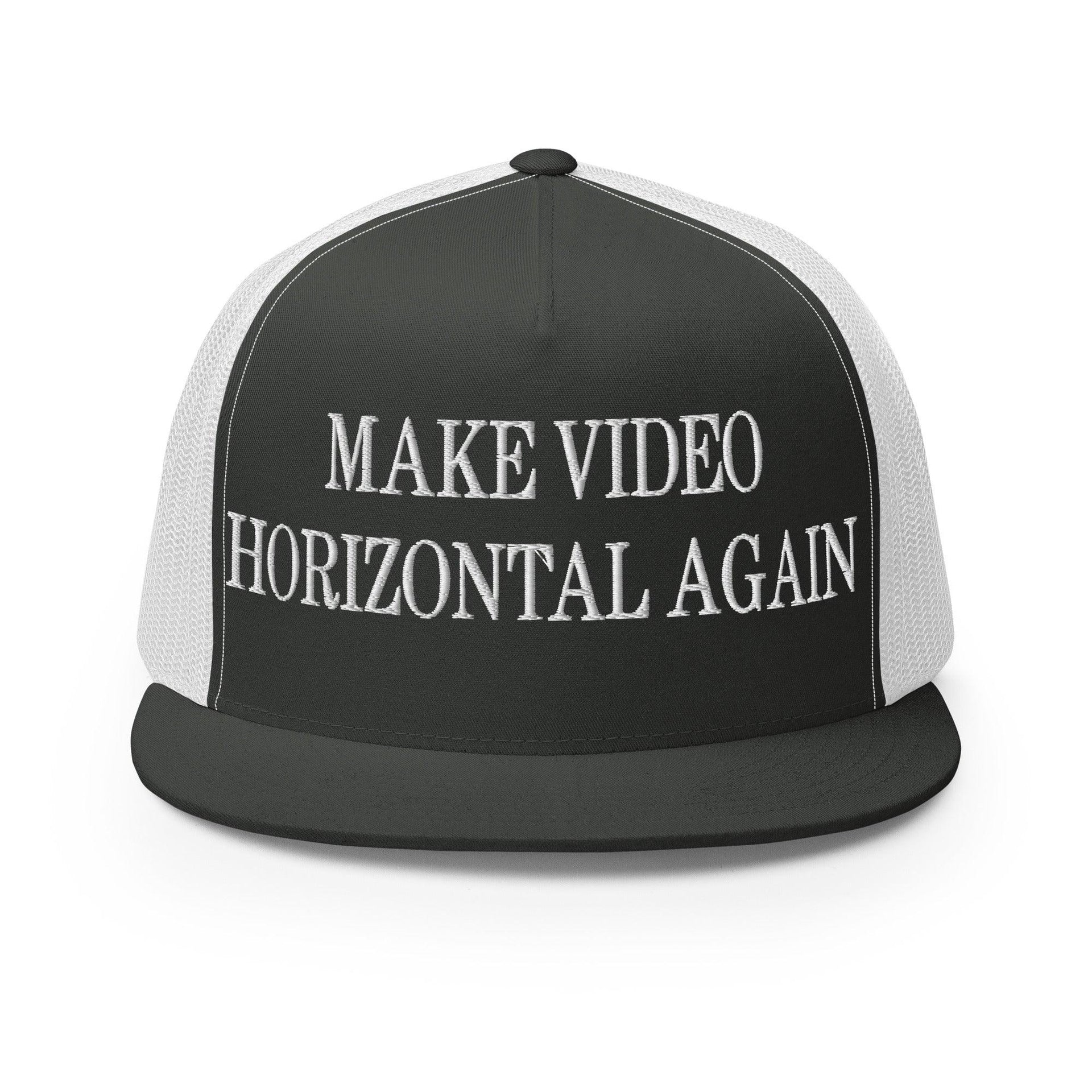 Make Video Horizontal Again Embroidered Mesh Flat Bill Brim Trucker Hat Charcoal White Capital Crowns LADs Make Again Trucker Hats