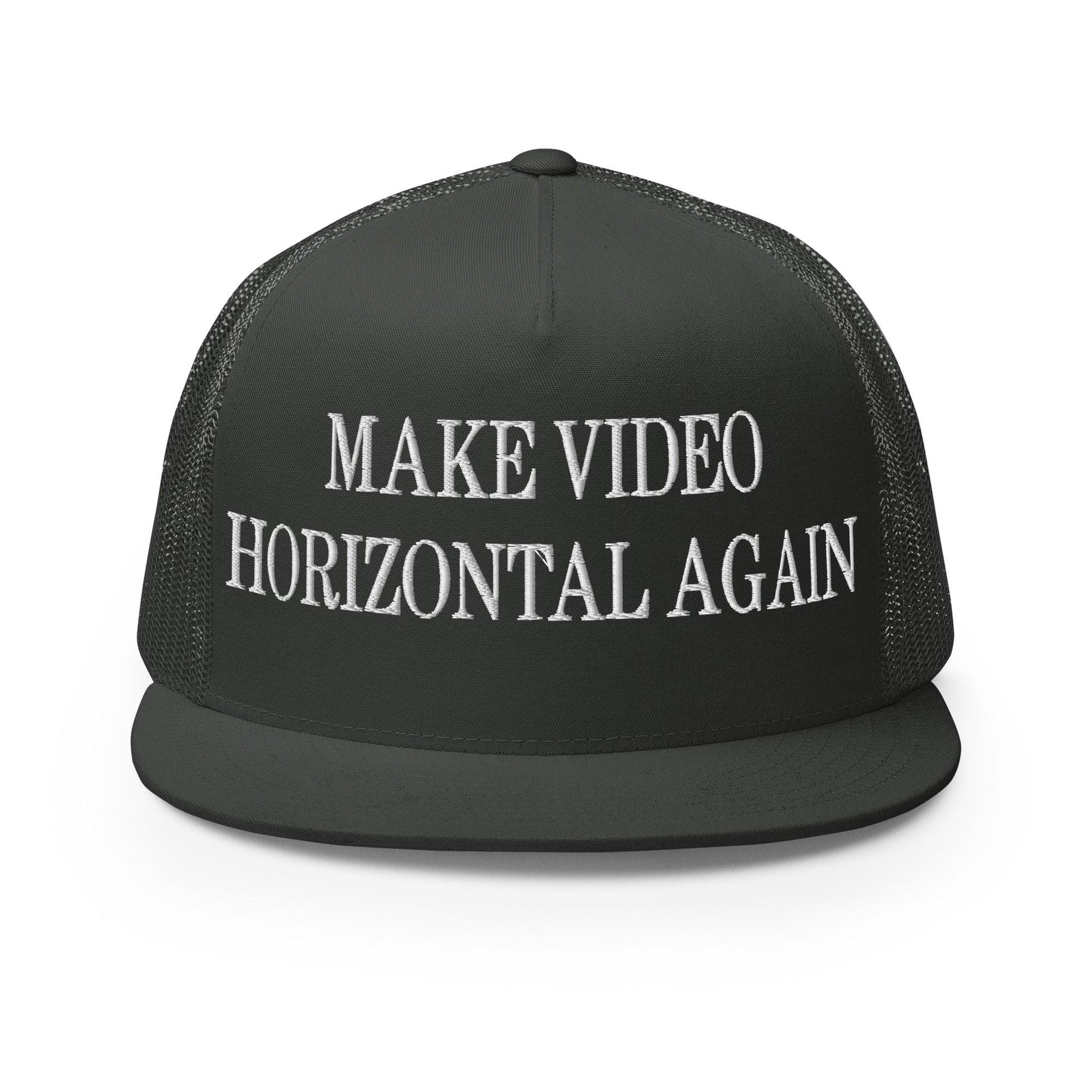 Make Video Horizontal Again Embroidered Mesh Flat Bill Brim Trucker Hat Charcoal Capital Crowns LADs Make Again Trucker Hats