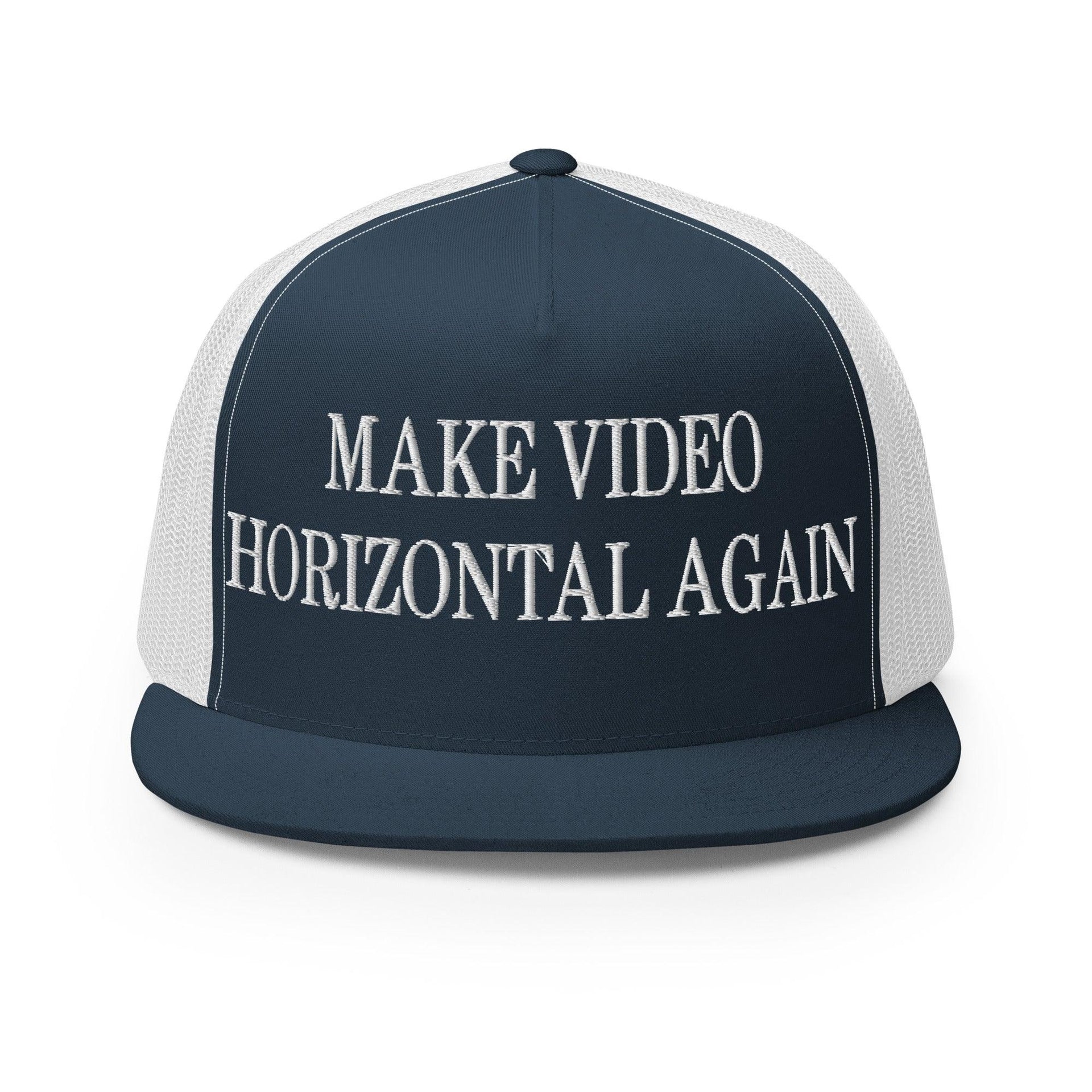 Make Video Horizontal Again Embroidered Mesh Flat Bill Brim Trucker Hat Navy White Capital Crowns LADs Make Again Trucker Hats