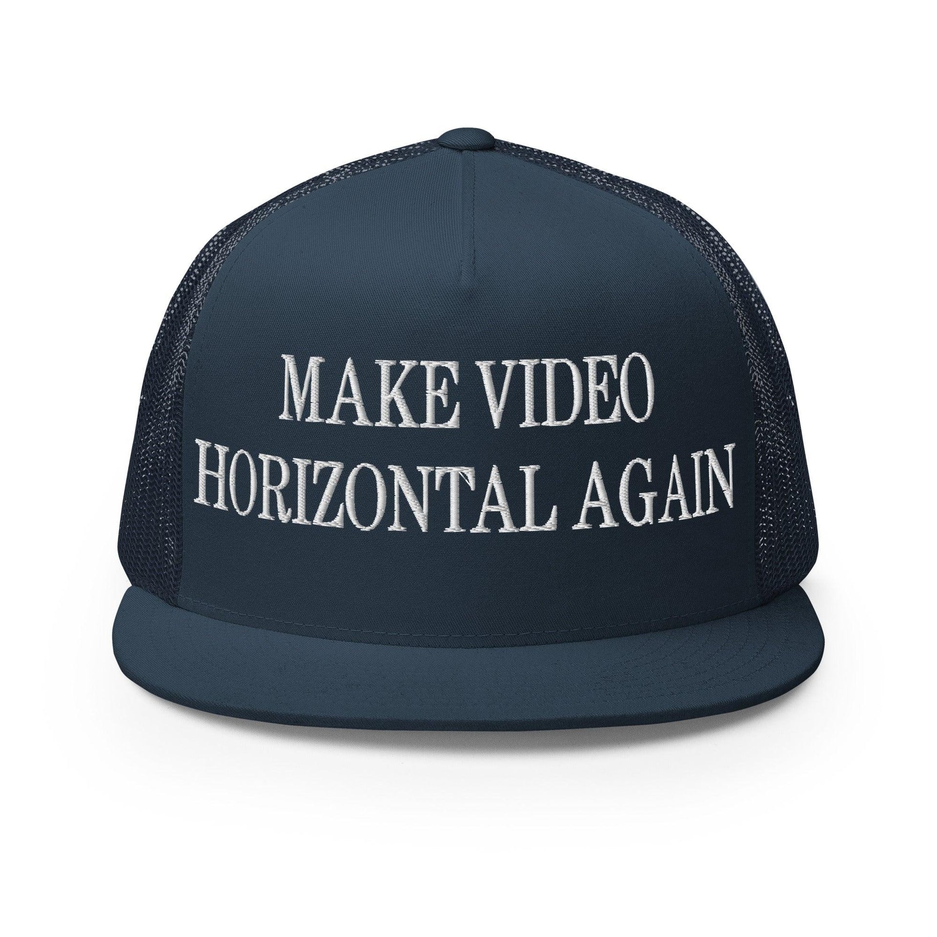 Make Video Horizontal Again Embroidered Mesh Flat Bill Brim Trucker Hat Navy Capital Crowns LADs Make Again Trucker Hats