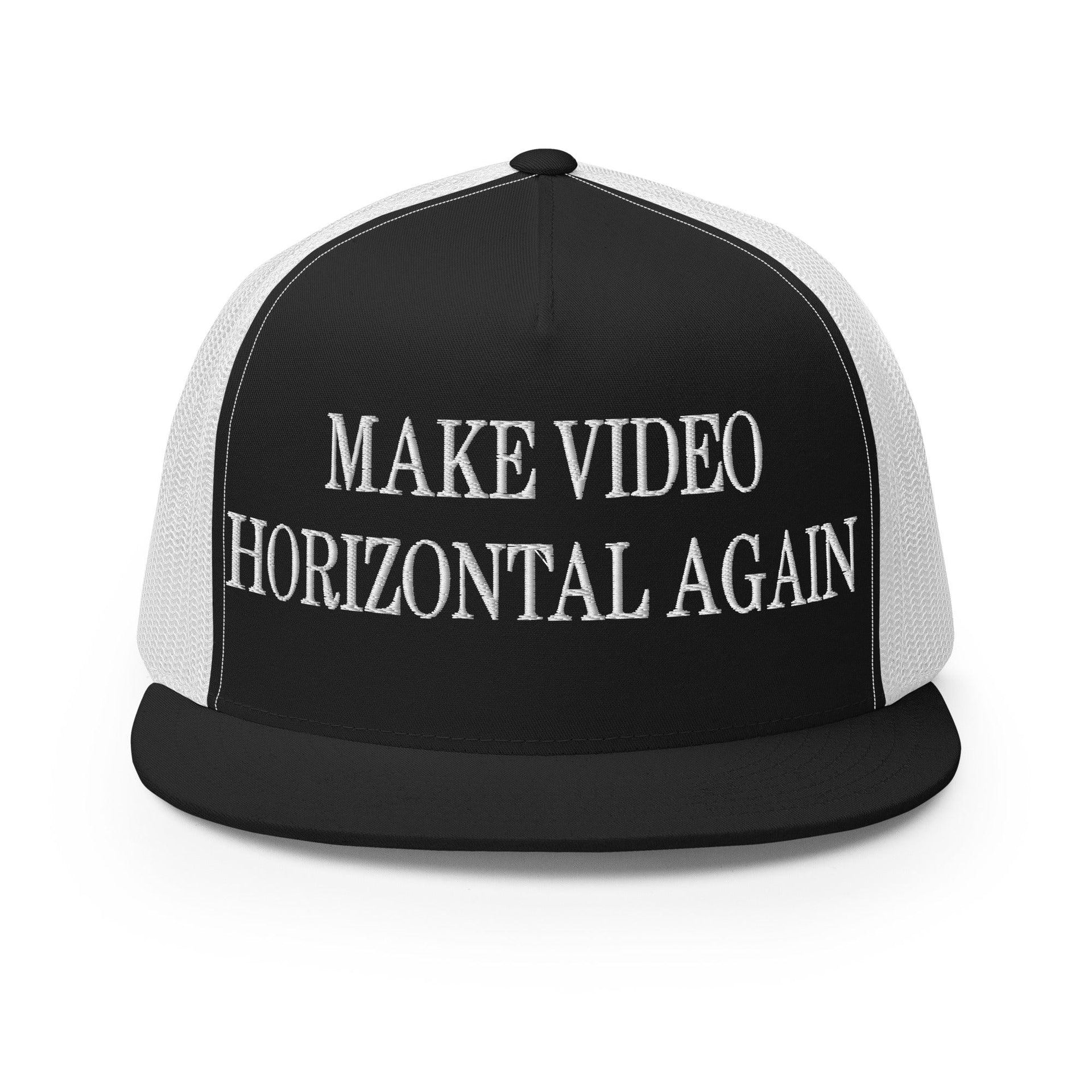 Make Video Horizontal Again Embroidered Mesh Flat Bill Brim Trucker Hat Black White Capital Crowns LADs Make Again Trucker Hats