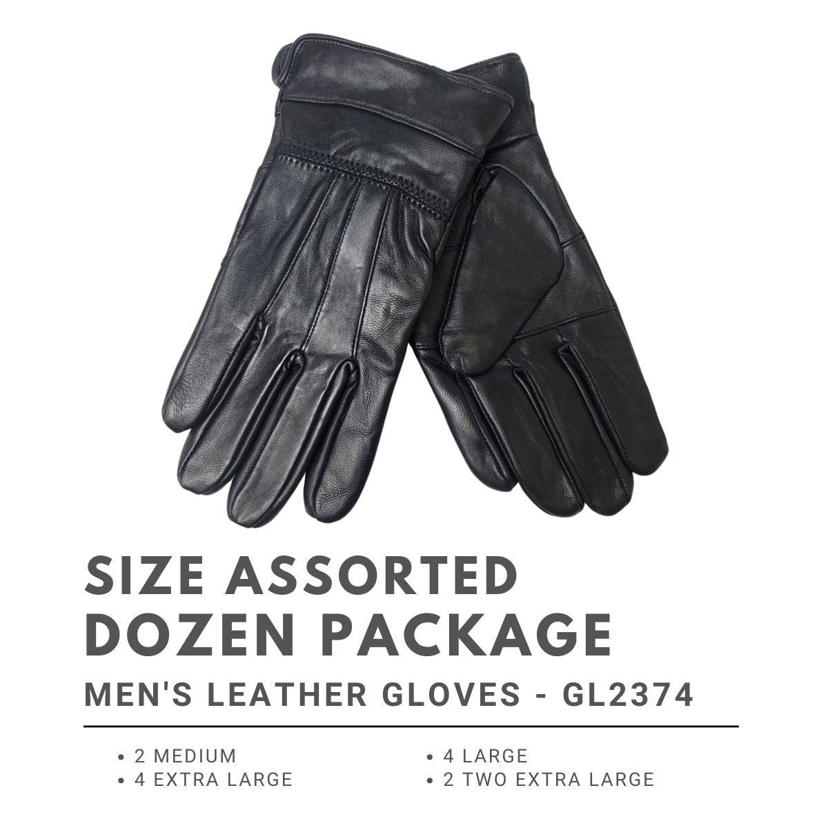 Men's Leather Gloves - GL2374, Genuine Leather, 4 Sizes Dozen Package- M 2, L 4, XL 4, XXL 2 Dozen Special winter accessories