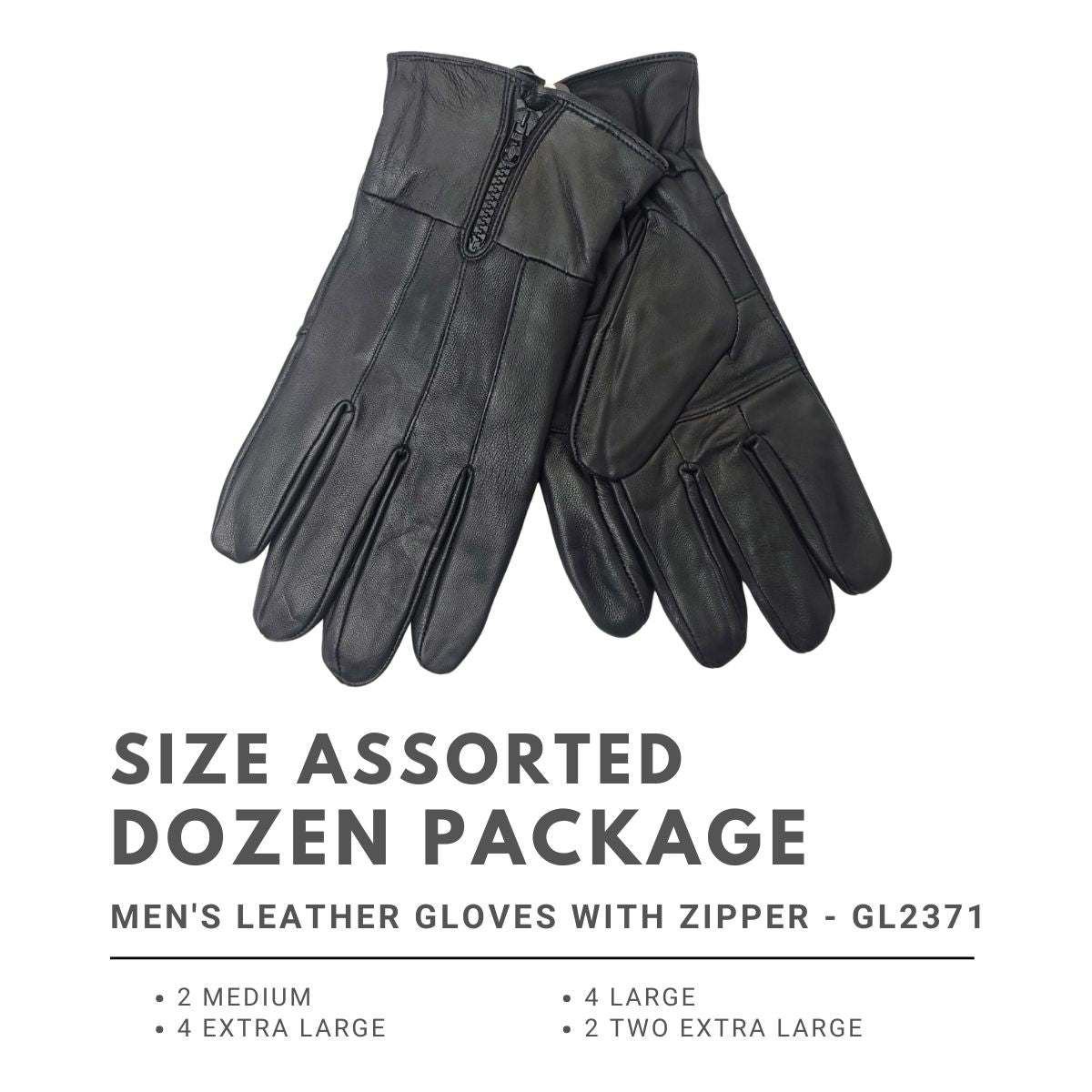 Men's Leather Gloves with Zipper - GL2371, Genuine Leather, 4 Sizes Dozen Package- M 2, L 4, XL 4, XXL 2 Dozen Special winter accessories