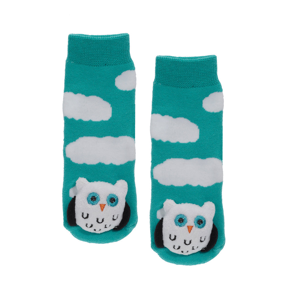 Messy Moose Socks, Blue and White Owl, 6 Pack Baby Turquoise Messy Moose Socks Slipper Socks
