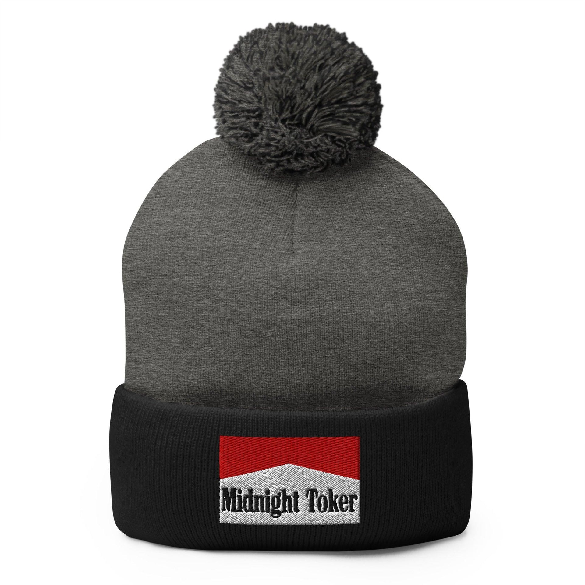 Midnight Toker Embroidered Knit Pom Pom Beanie Dark Heather Grey Black Beanies Capital Crowns Funny