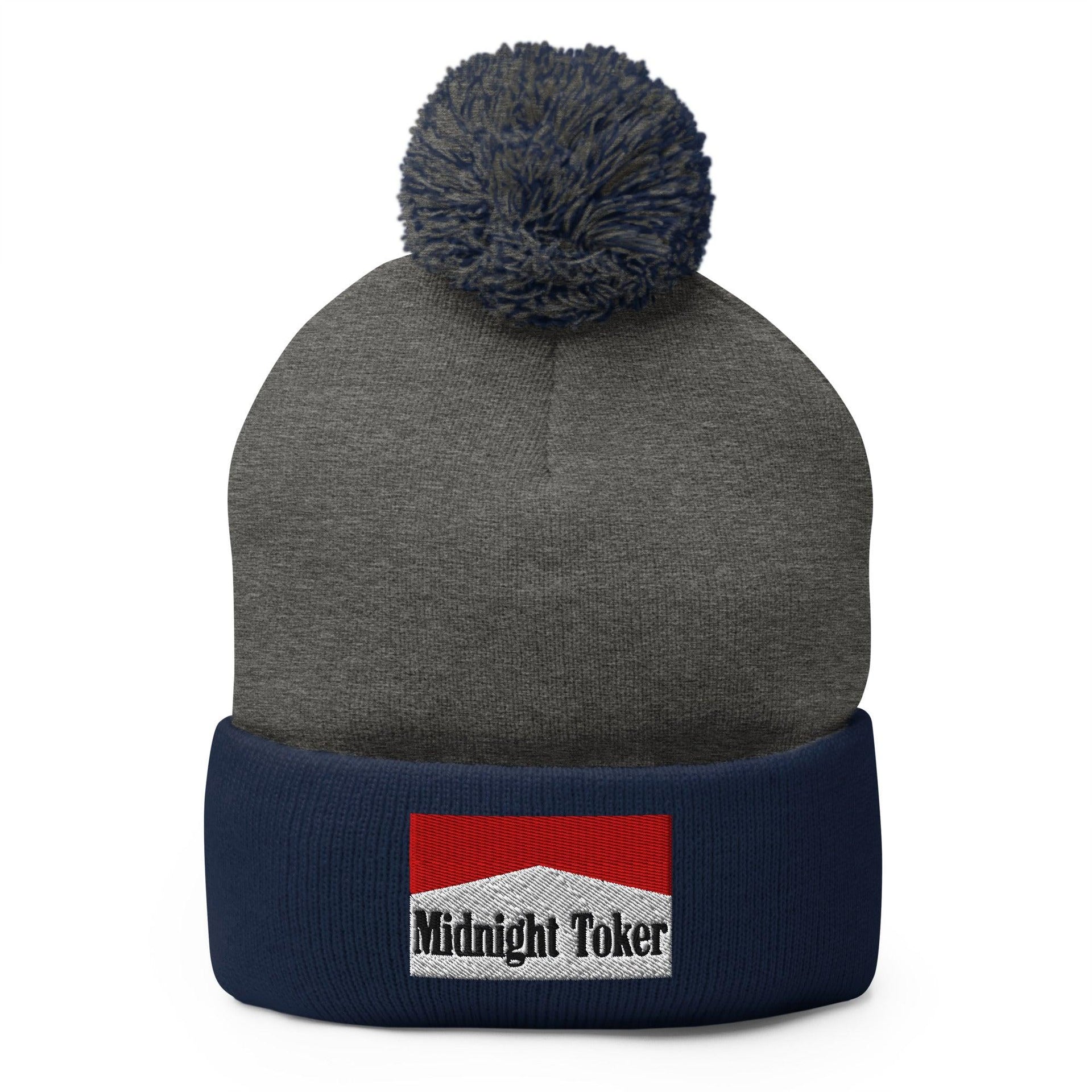 Midnight Toker Embroidered Knit Pom Pom Beanie Dark Heather Grey Navy Beanies Capital Crowns Funny