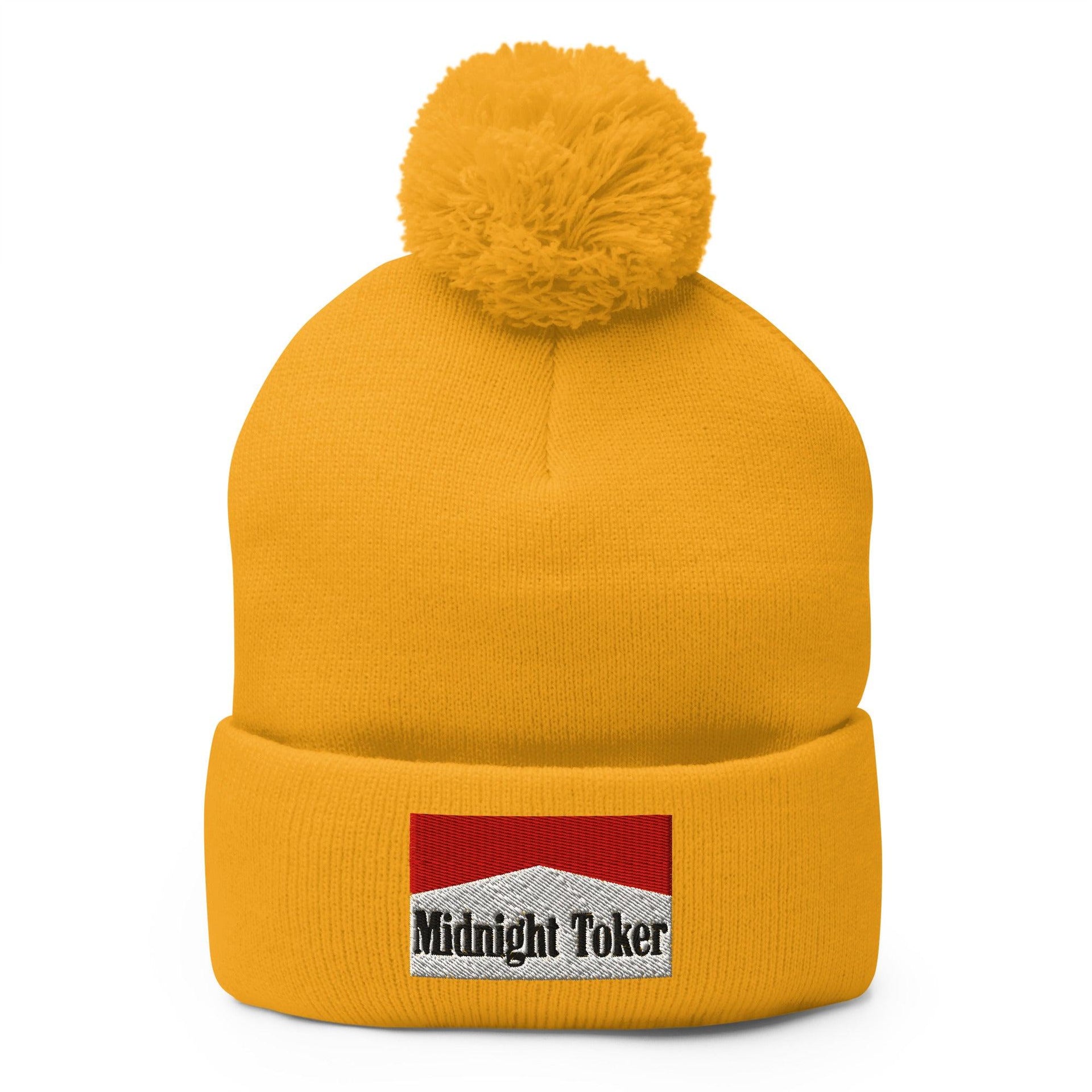 Midnight Toker Embroidered Knit Pom Pom Beanie Gold Beanies Capital Crowns Funny