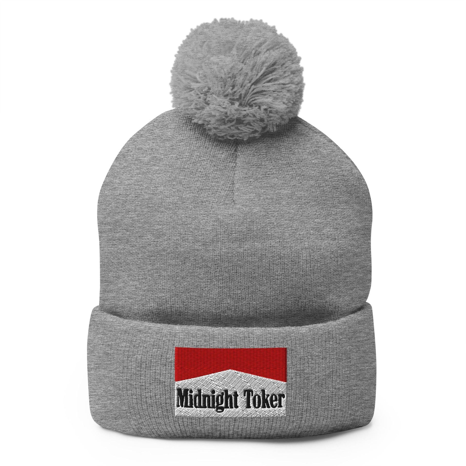 Midnight Toker Embroidered Knit Pom Pom Beanie Heather Grey Beanies Capital Crowns Funny
