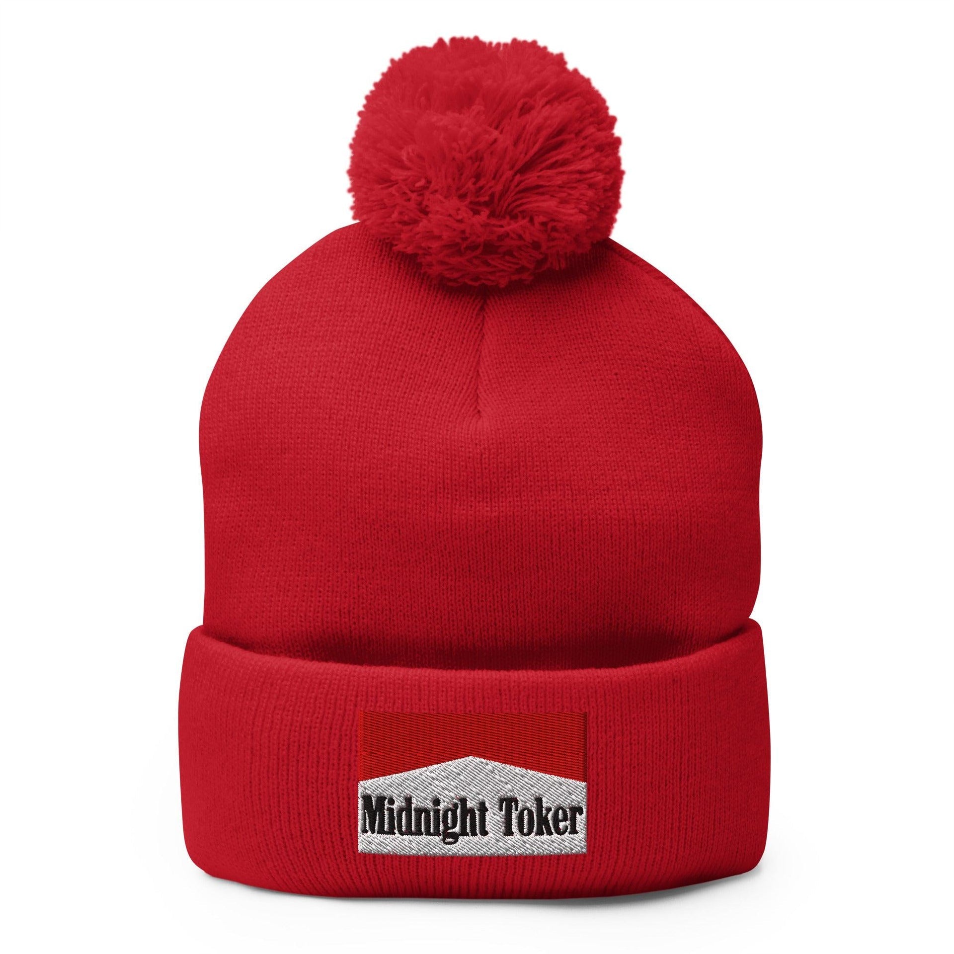 Midnight Toker Embroidered Knit Pom Pom Beanie Red Beanies Capital Crowns Funny