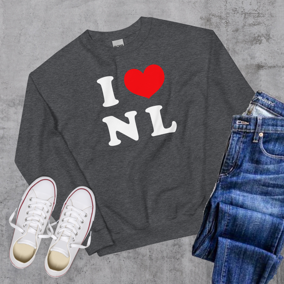 I ❤️ NL Crewneck Dark Heather Canadian City Apparel Newfoundland