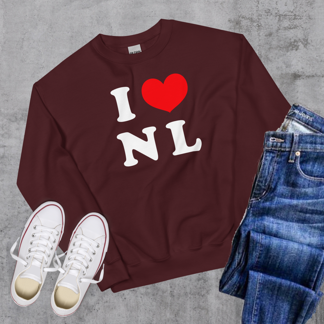 I ❤️ NL Crewneck Maroon Canadian City Apparel Newfoundland