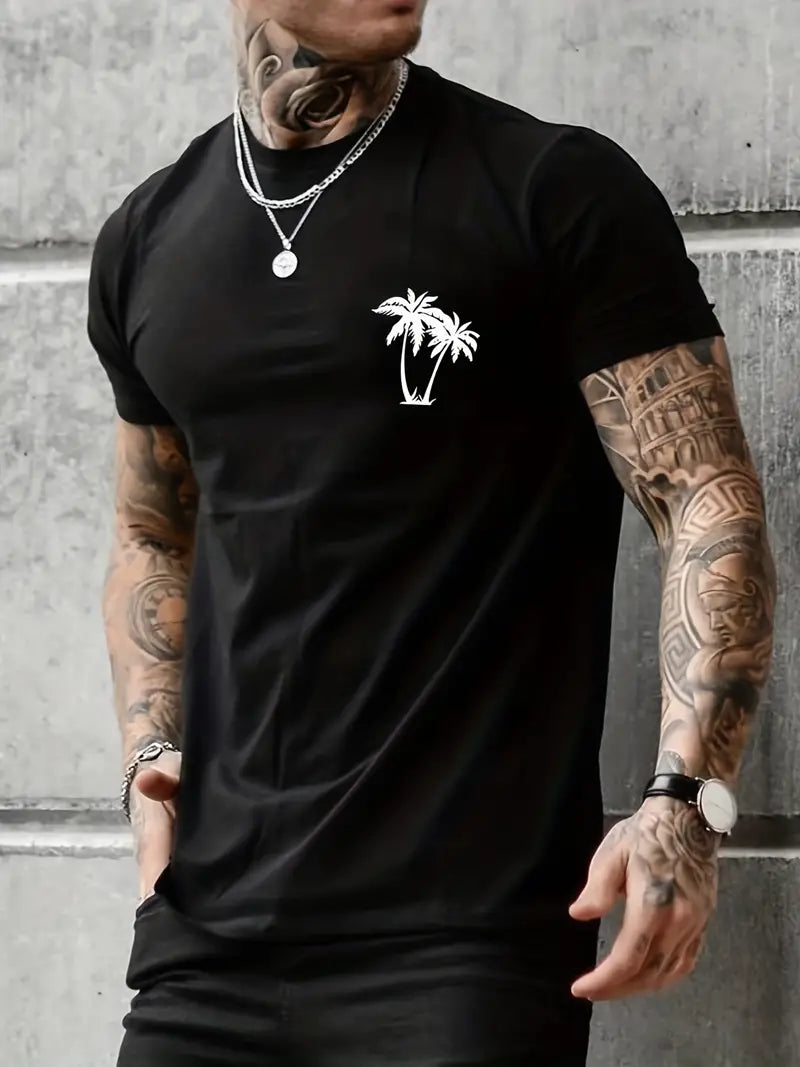 Men's Palm Tree Graphic Tee | Comfortable Stretch, Regular Fit, Durable Summer Sports Shirt Black Beach merch Palm Tree t-shirts