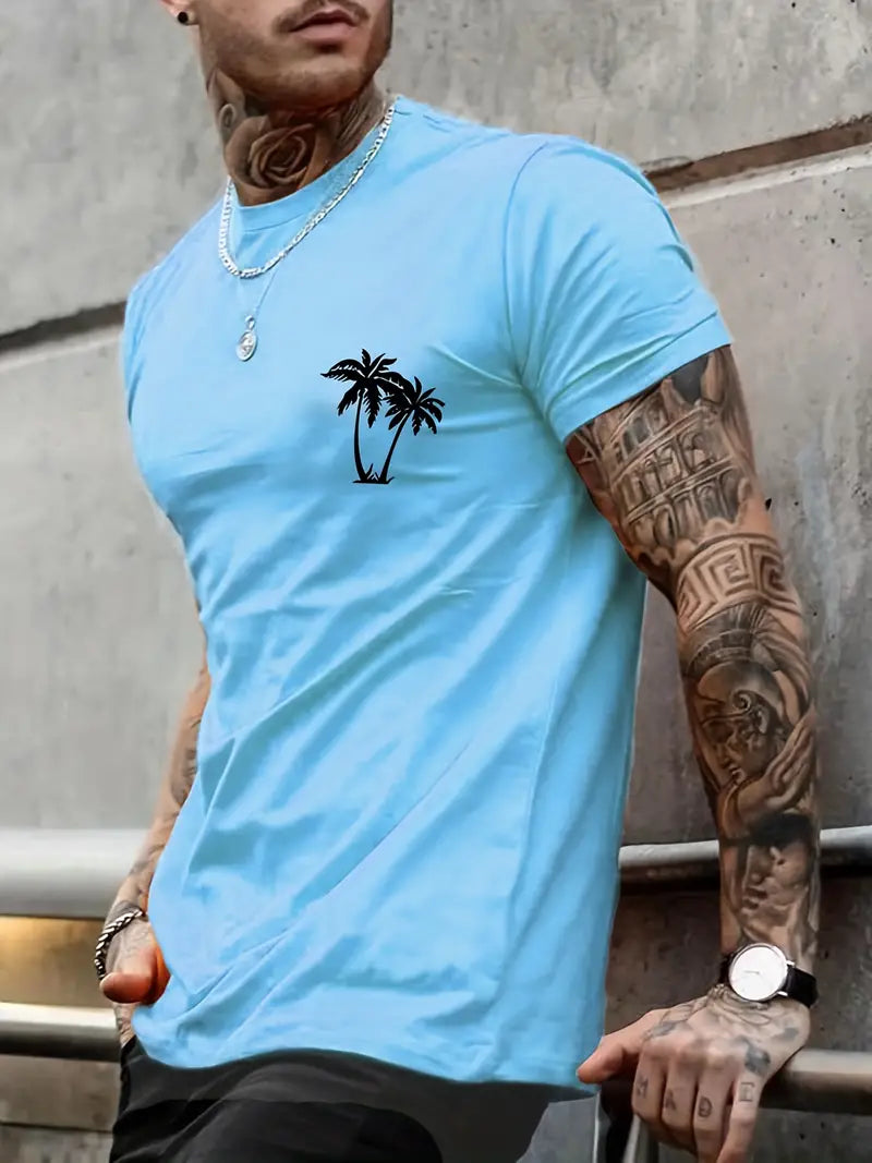 Men's Palm Tree Graphic Tee | Comfortable Stretch, Regular Fit, Durable Summer Sports Shirt Light Blue Beach merch Palm Tree t-shirts