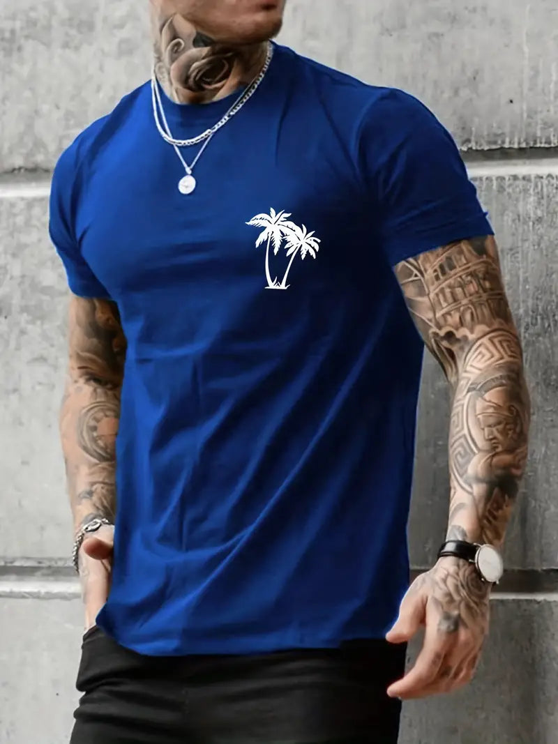 Men's Palm Tree Graphic Tee | Comfortable Stretch, Regular Fit, Durable Summer Sports Shirt Blue Beach merch Palm Tree t-shirts