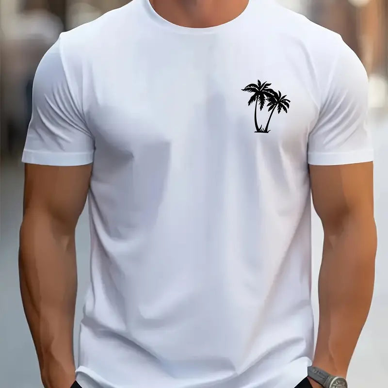 Men's Palm Tree Graphic Tee | Comfortable Stretch, Regular Fit, Durable Summer Sports Shirt White Beach merch Palm Tree t-shirts