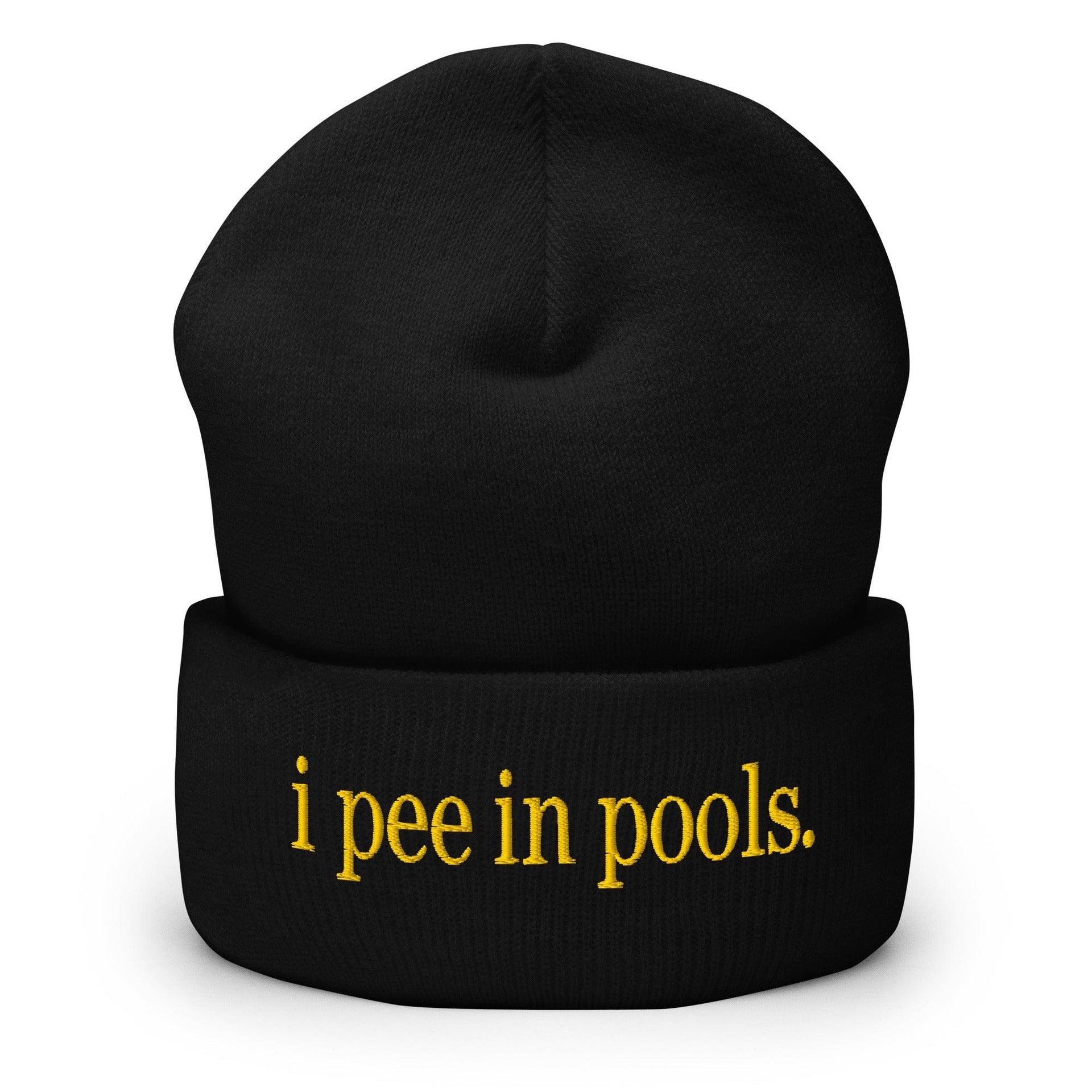 I Pee in Pools Embroidered Knit Cuffed Beanie Black Beanies Capital Crowns Funny