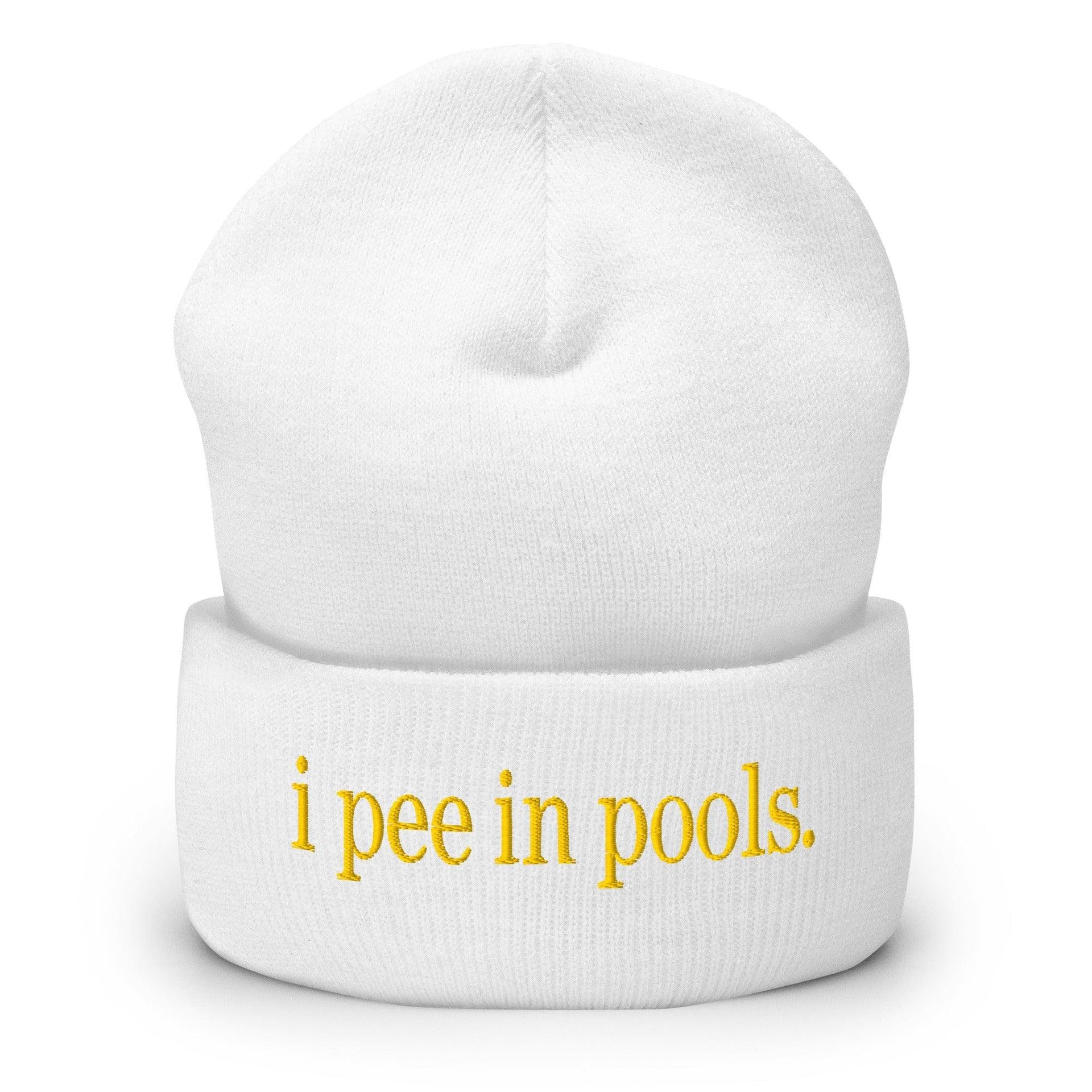 I Pee in Pools Embroidered Knit Cuffed Beanie White Beanies Capital Crowns Funny